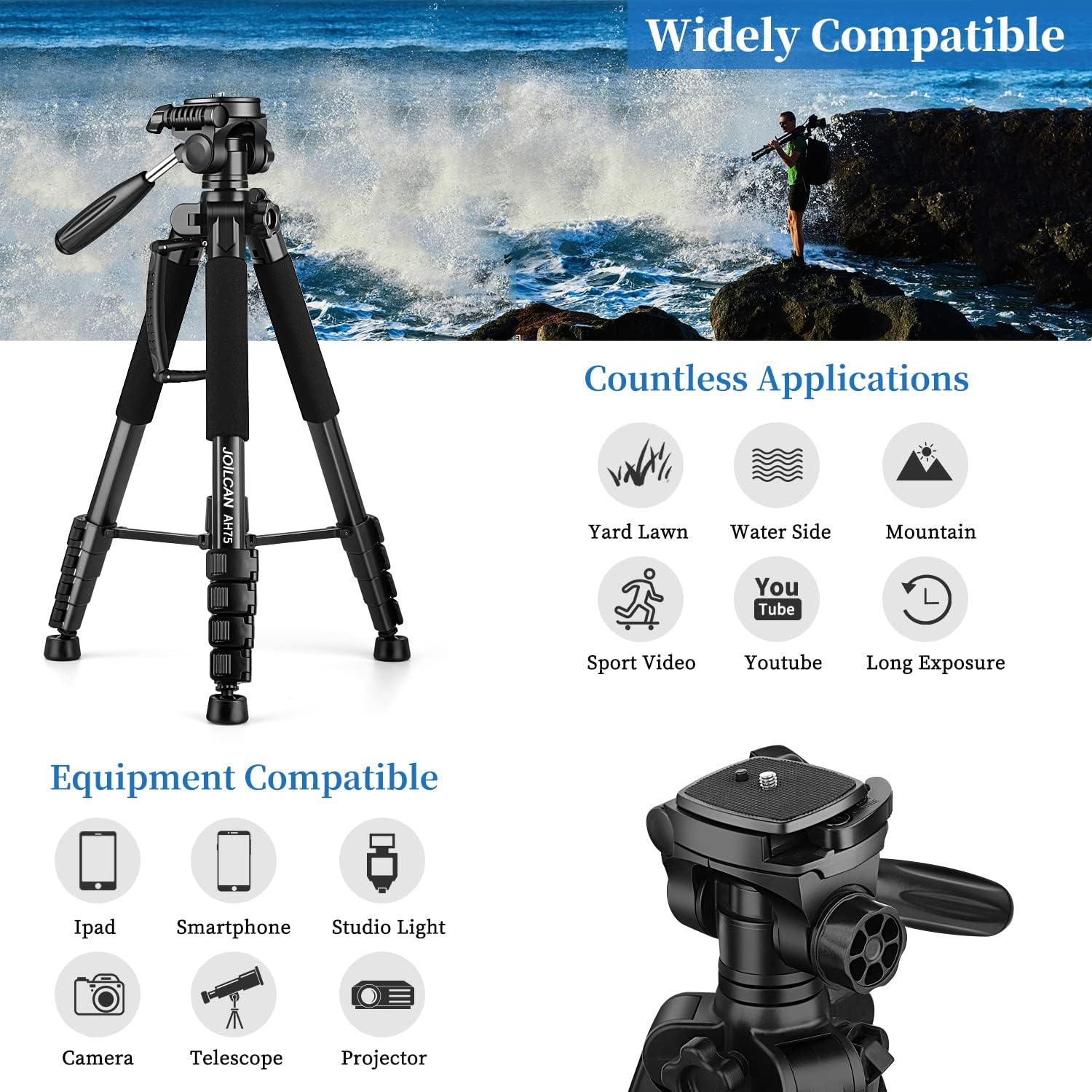 JOILCAN Camera Tripod for Canon Nikon, 74" Lightweight DSLR Tripod Camera Stand with Detachable Head and Universal Phone Mount, Reinforced Aluminum Tall Tripod for Vlog Live Streaming Max Load 14LB image number 5