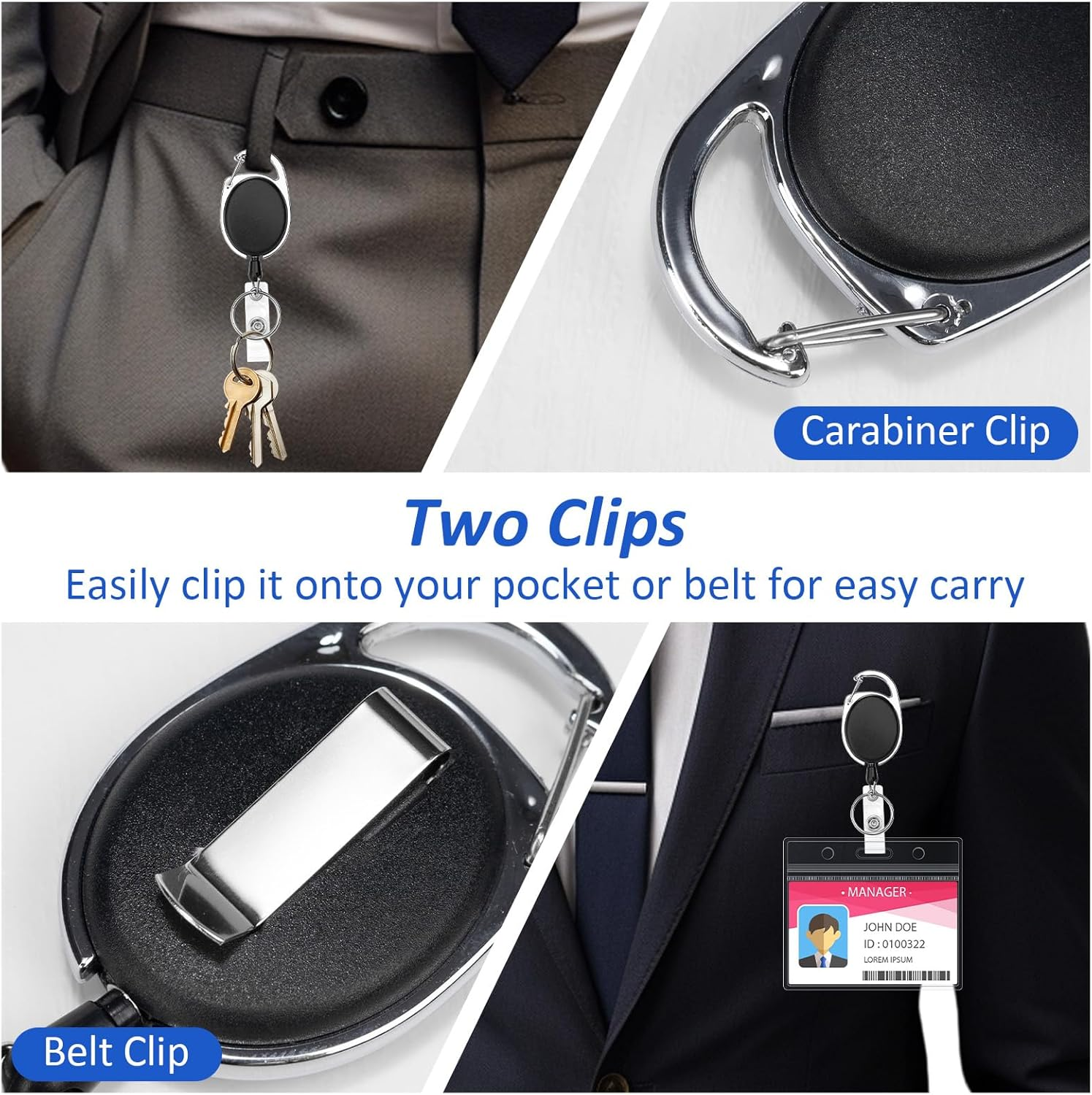 Heavy Duty Retractable Badge Holders with Carabiner Reel Clip and Extra Thick Clear Name Tag ID Card Holders,1Pcs Horizontal Waterproof Card Protector+3 Extra Key Chain Carabiner image number 1
