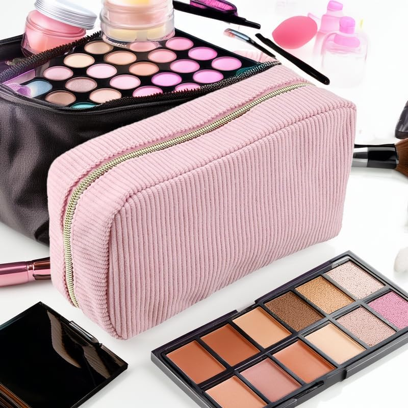 Corduroy Makeup Organizer, Cosmetic Travel Toiletry Set (2 Pieces in Pink and Beige) image number 5