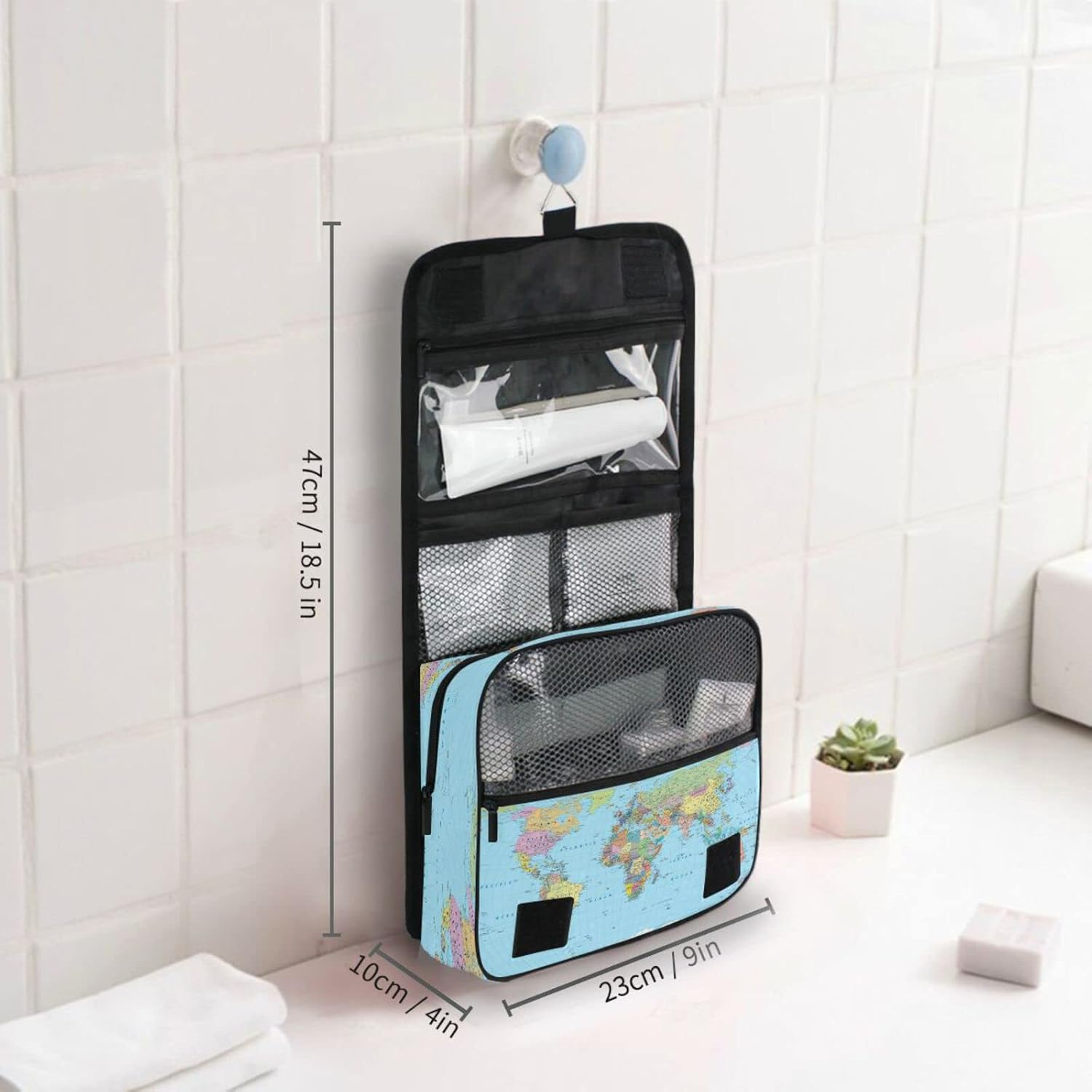 Blue World Map Hanging Toiletry Bag for Women Men, Portable Makeup Bag Organizer Cosmetic Bag for Purse Pouch Waterproof Travel Essentials Large Wash Bag for Kids Girls, Multicolor, One Size image number 4