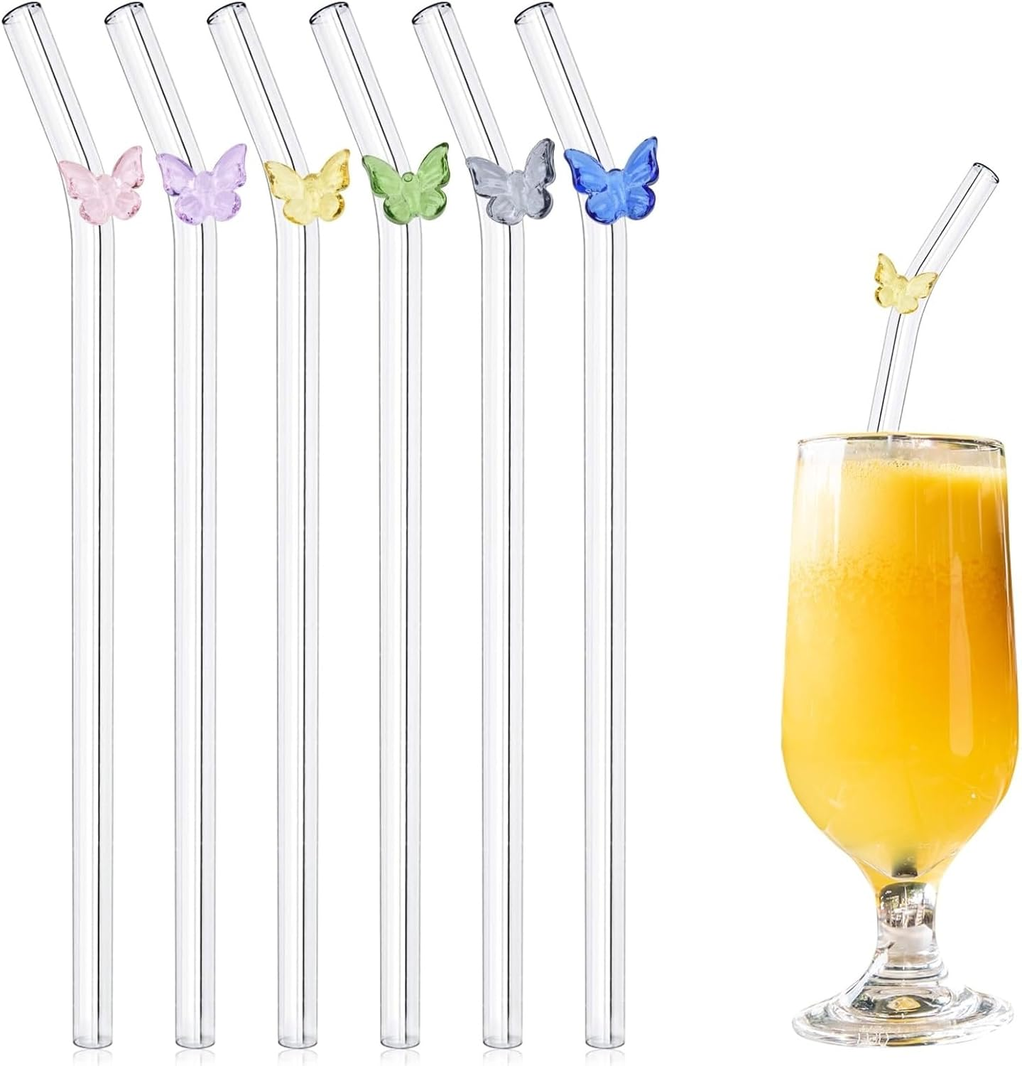 Reusable Glass Straws 6-Pack, Multicolour Butterfly Decorated Drinking Straw, Eco Friendly Bent Straws Drinking for Smoothies, Milkshake, Cocktail (20Cm, Clear) image number 5