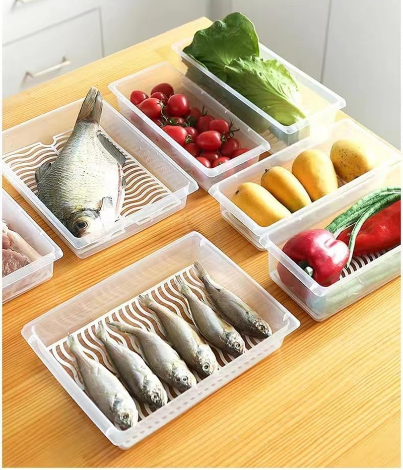3Pcs Large Size Plastic Food Storage Containers Stackable Fridge Organiser Bins with Lids & Removable Drain Basket for Fruit & Vegetable Storage or Wash, Kitchen Storage & Organisation（Large） image number 6