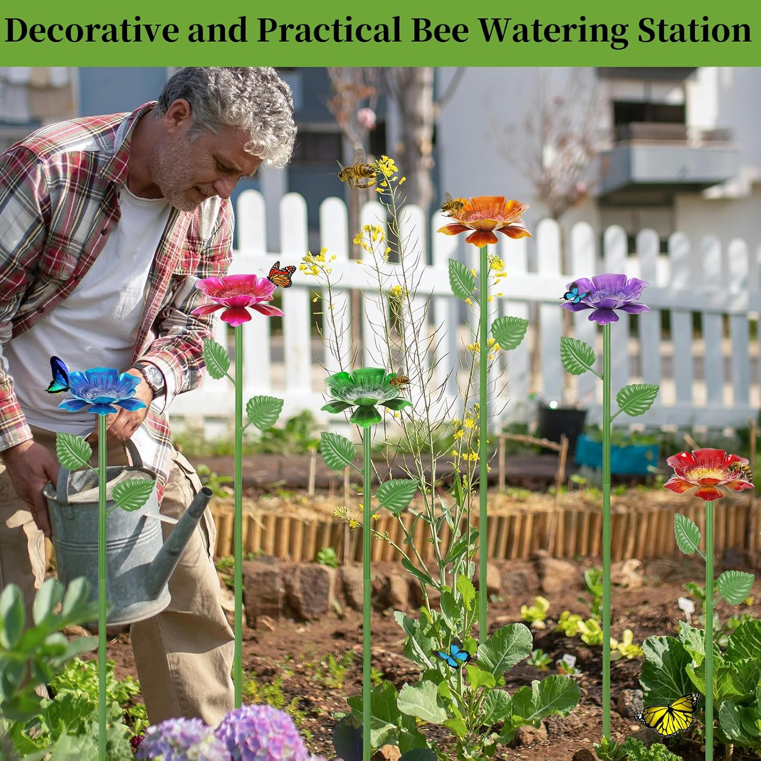 Bee Watering Station for Garden, 4 Pack Metal Bee Water Feeder for Outdoor Yard Patio Decor, Butterfly Watering Station Bee Bath Bowl for Garden (Blue,Yellow,Red,Green) image number 3