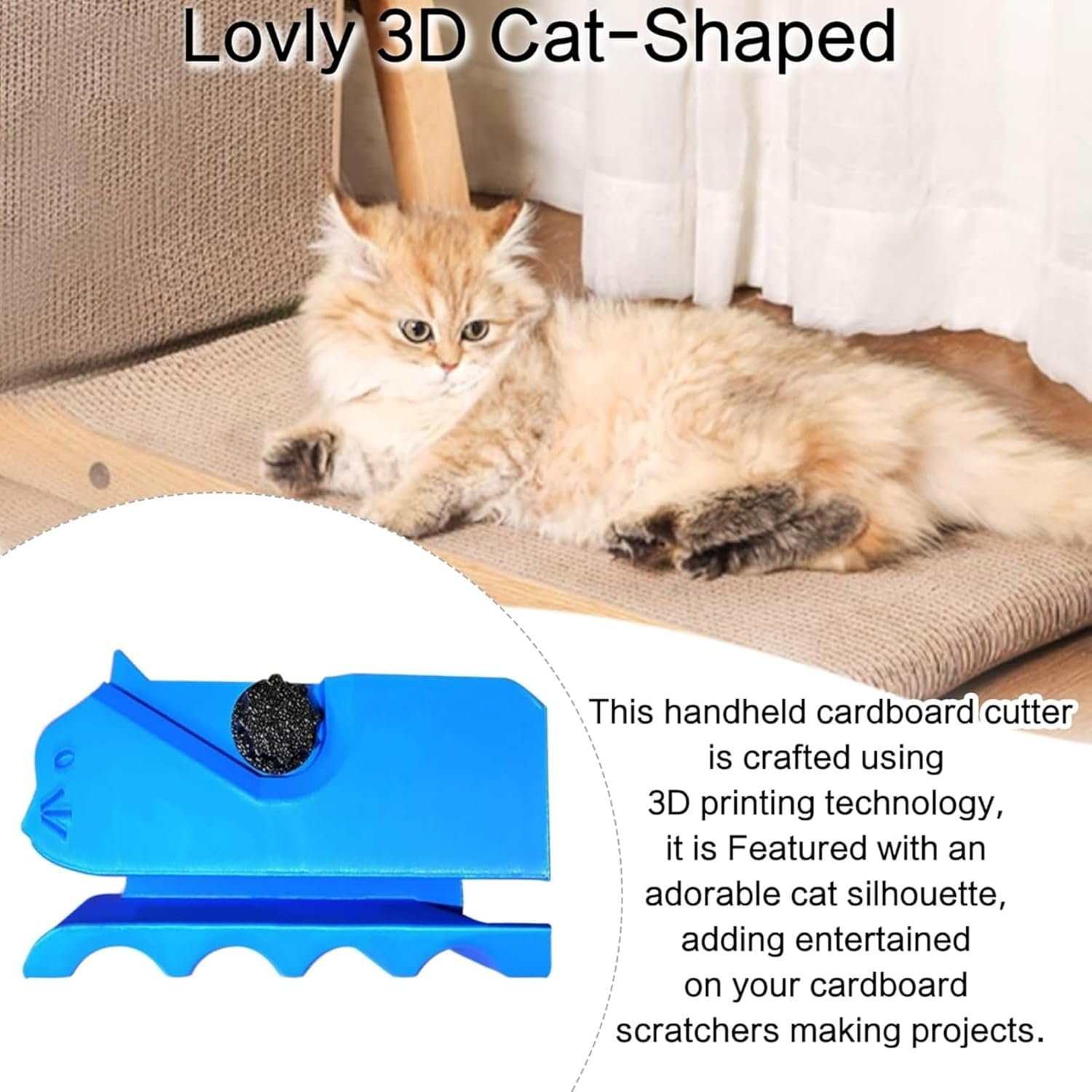 Handheld Cardboard Cutter for Cat Scratchers | 3D Printed Kitten Shaped Cutting Tool | Eco-Friendly DIY Cardboard Strip Cutter Machine | Portable & Durable for Cat Lovers (Blue) image number 2
