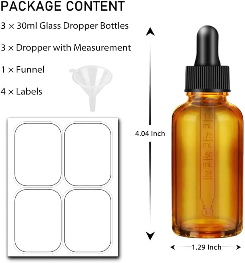 3-Pack 30Ml Amber Glass Dropper Bottles with Measured Dropper, Glass Dropper Bottles for Essential Oils, Labels & Funnel | UV Protective, Leakproof image number 3