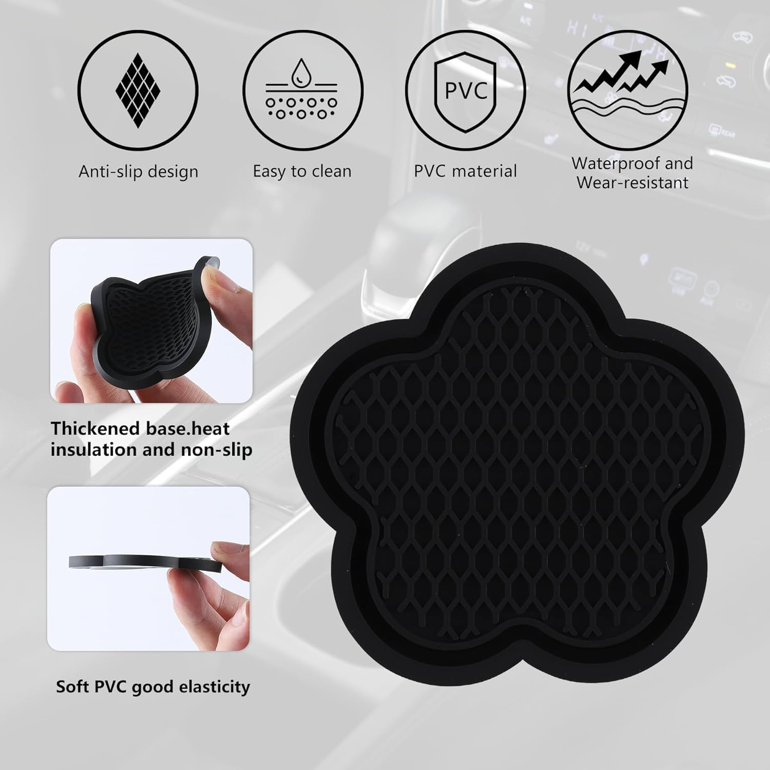 Olitomn Car Cup Coaster, 4Pcs Universal Non-Slip Cup Holder Coaster, PVC Flower Shaped Car Cup Holder Coaster, Crystal Car Accessories Interior 【Black】 - White image number 5