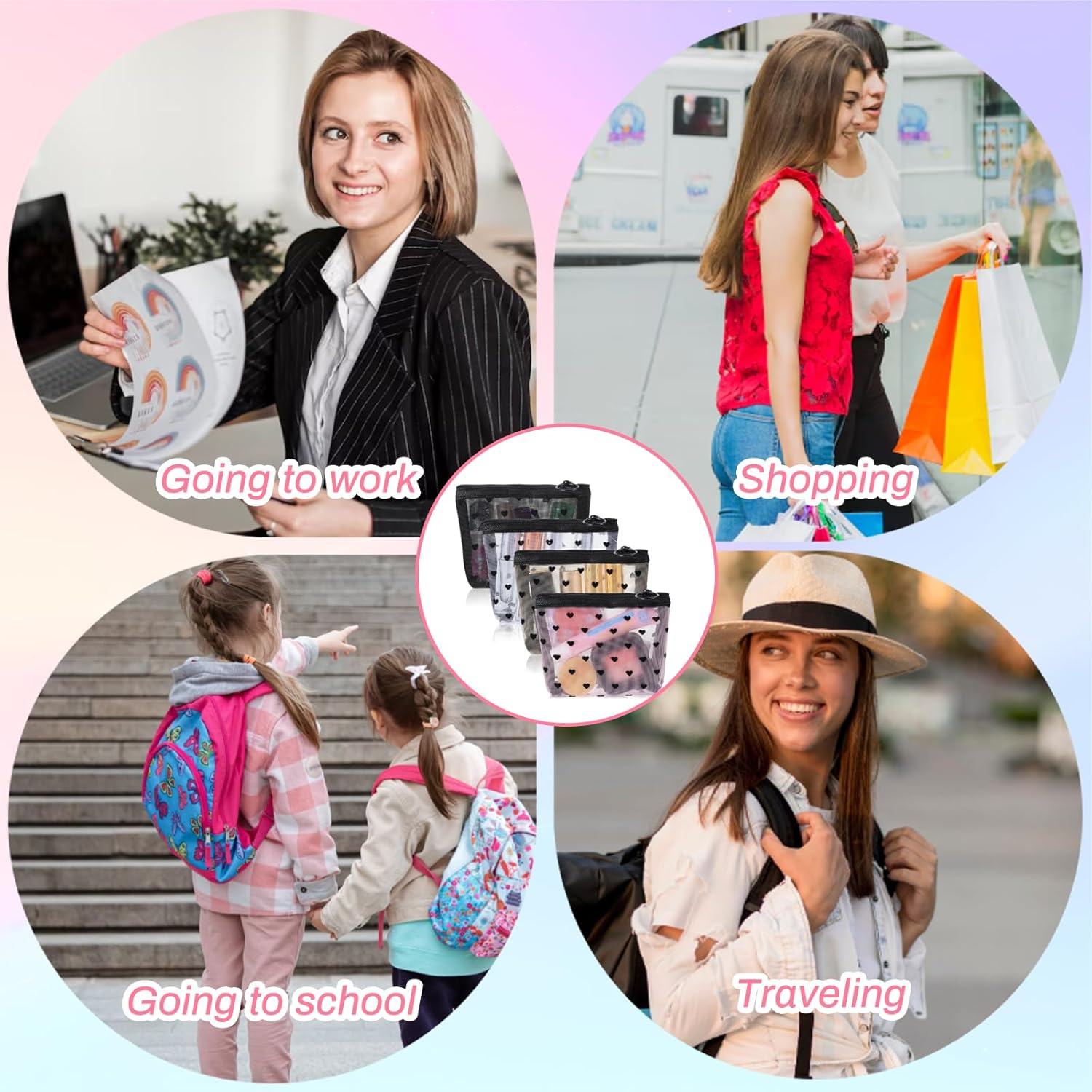 Guduling 4Pcs Mesh Makeup Bag with Zipper, Mini Mesh Pouch, Grid Cosmetic Bag, Heart Print Mini Zipper Cosmetic Bags for Travel and Storage (Pink, Beige, Black, White) image number 4