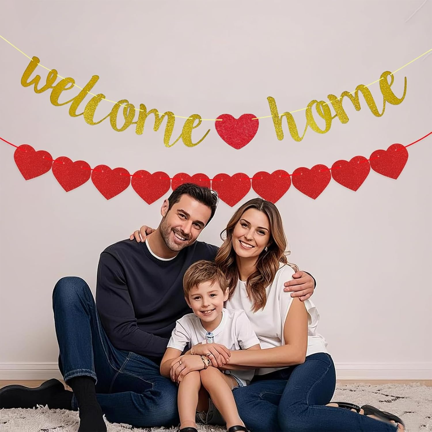 Yeanifeana Welcome Home Banner with Pre-Strung Sparkling Heart Garland, Ready-To-Hang Decoration for Homecoming, Military Return, Family Reunion, Graduation & Housewarming Backdrop, Photo Props, Celebrations