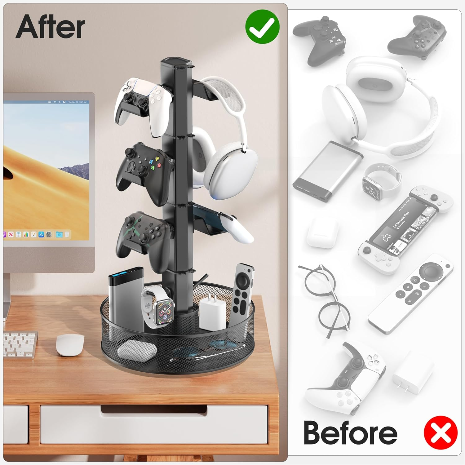 Kosker Rotatable Gaming Controller Holder with Basket for Desk,Universal Headset & Controller Stand for PS 5/PS 4/Xbox/Switch/Pc Accessories,Headphone Holder with Cable Organizer,4 Tiers Black image number 2