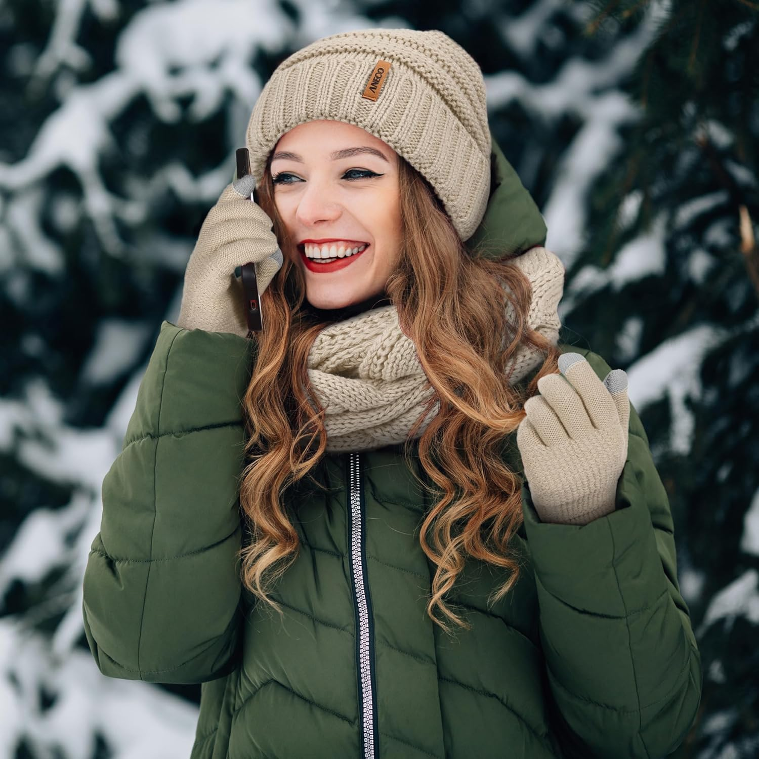 Aneco Winter Warm Sets Knitted Scarf Beanie Hat Touch Screen Gloves and Winter Ear Warmer for Men or Women - Beige image number 2