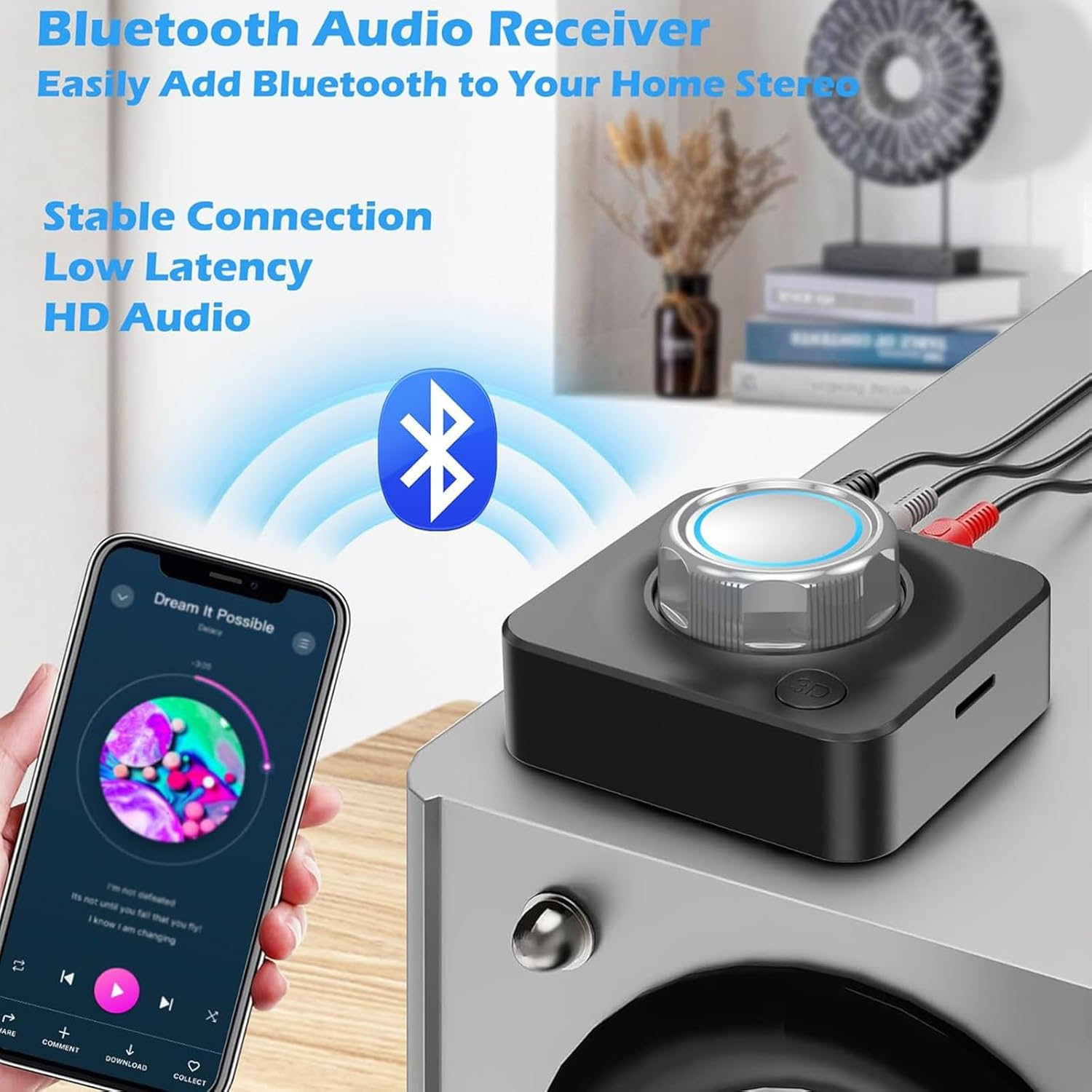 Bluetooth Receiver for Home Stereo, Audio Transmitter Receiver MP3 Player, RCA Hifi Music Adapter with 3D Surround Low Latency, for Old Speakers/Car Stereo, Support TF Card/3.5Mm Auxiliary image number 6