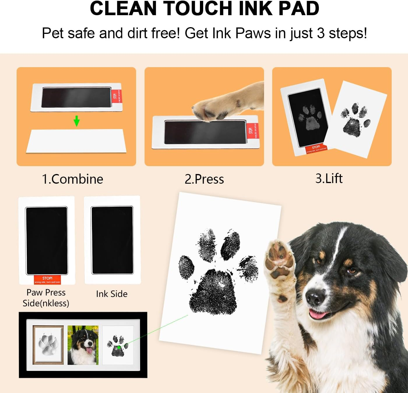 Dog Paw Print Photo Frame Kit with No Toxic Clay & No Mess Ink Pad, Wooden Pet Memorial Picture Frames, Dog Paw Print Kit Keepsake, Cat Paw Print Impression Kit, Memorial Gifts for Pet Lovers, Black, Paw Print Kit White Frame image number 3