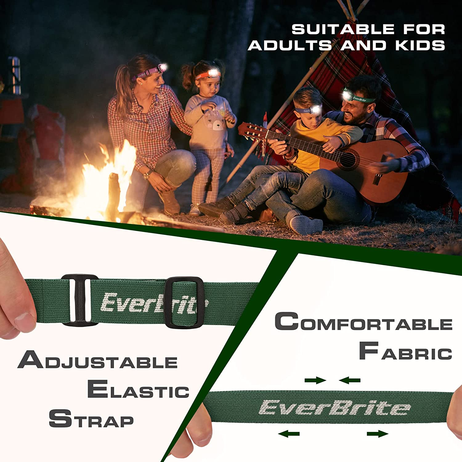 Everbrite Headlamp, 2 Pack Kids Headlamp with Red Light and Memory Function, Head Lamp for Adults and Kids with 5 Modes, Bright Headlamps for Camping, Running, Batteries Included, Green image number 3