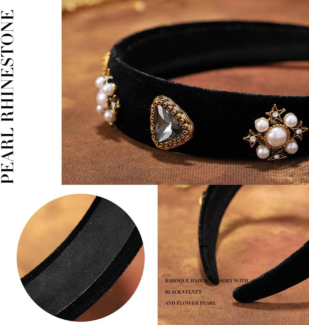 Sinalty Black Baroque Wide Headbands Rhinestone Pearl Hairband with Beaded Hair Ties Vintage Velvet Crystal Hair Band Party Headpieces for Women (Elegant) image number 2