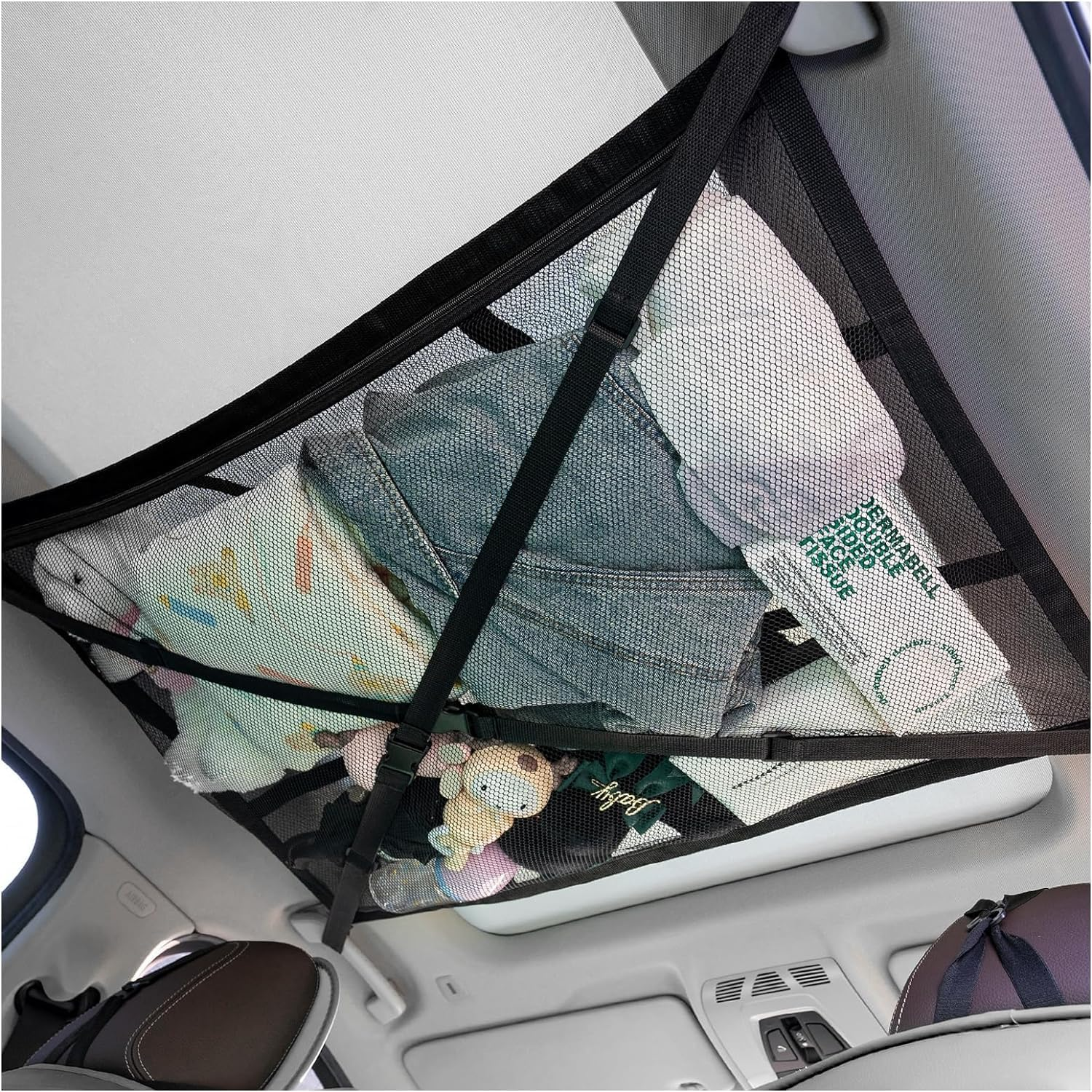 Car Ceiling Storage Net - 35.4" X 25.6" Upgraded Large Car Ceiling Cargo Net Pocket, Strengthen Load-Bearing Adjustable Double-Layer Mesh Car Roof Organizer for SUV Long Trip Camping(Black) image number 5