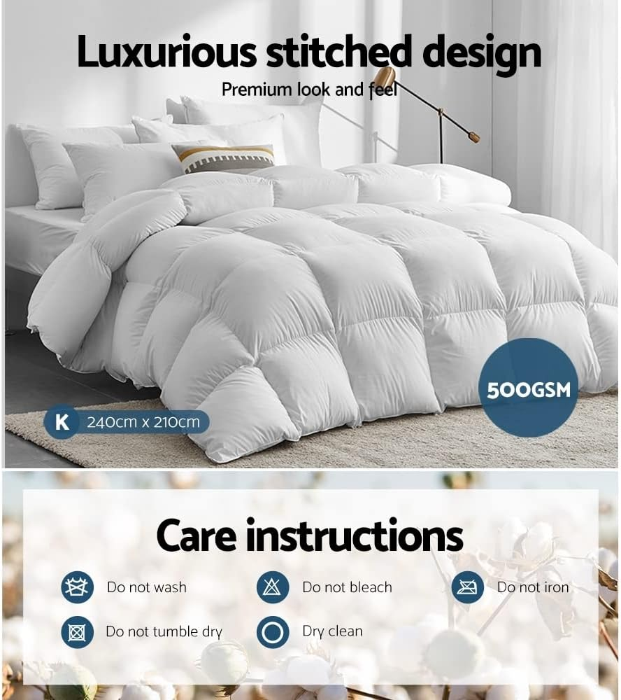 Giselle Bedding Duck down Quilt, 500GSM King Feather Comforter Doona Duvet Cover Quilts Winter Blanket for Bed, Soft Cotton Covers Lightweight Breathable White image number 5