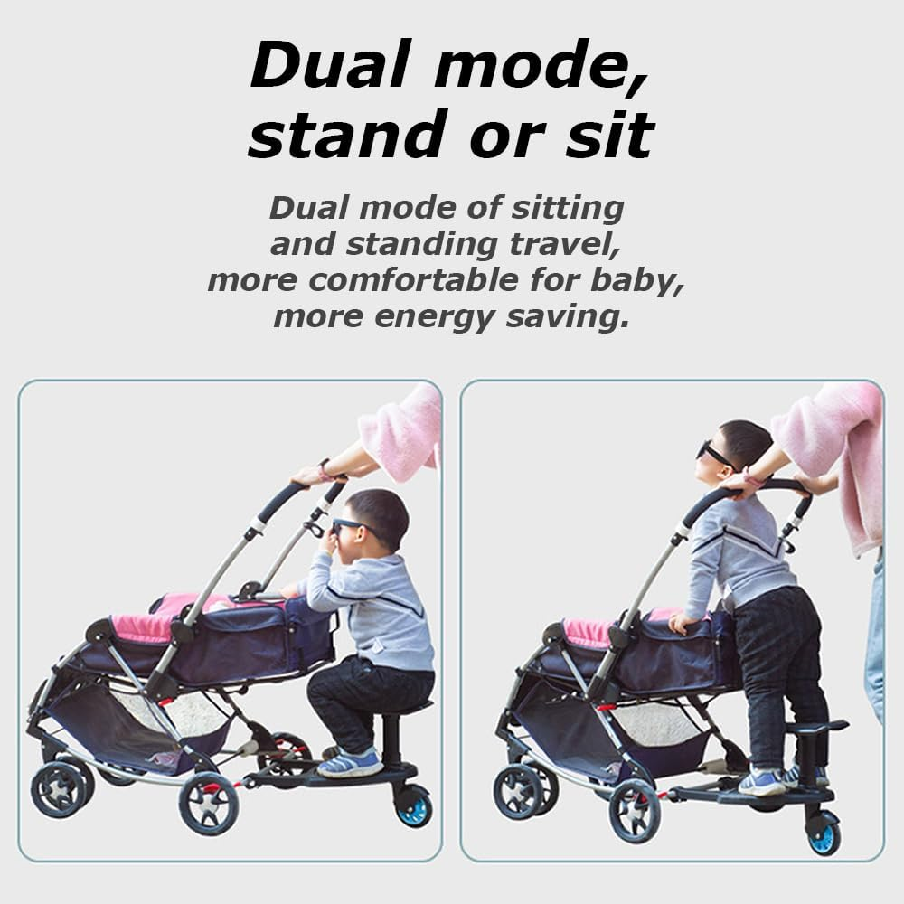 2-In-1 Stroller Board, Buggy Board with Seat, Stroller Attachment for Toddler to Ride, Sit and Stand, Wheeled Board Stroller Pedal, Fits Most Strollers, Holds up to 25Kg image number 1
