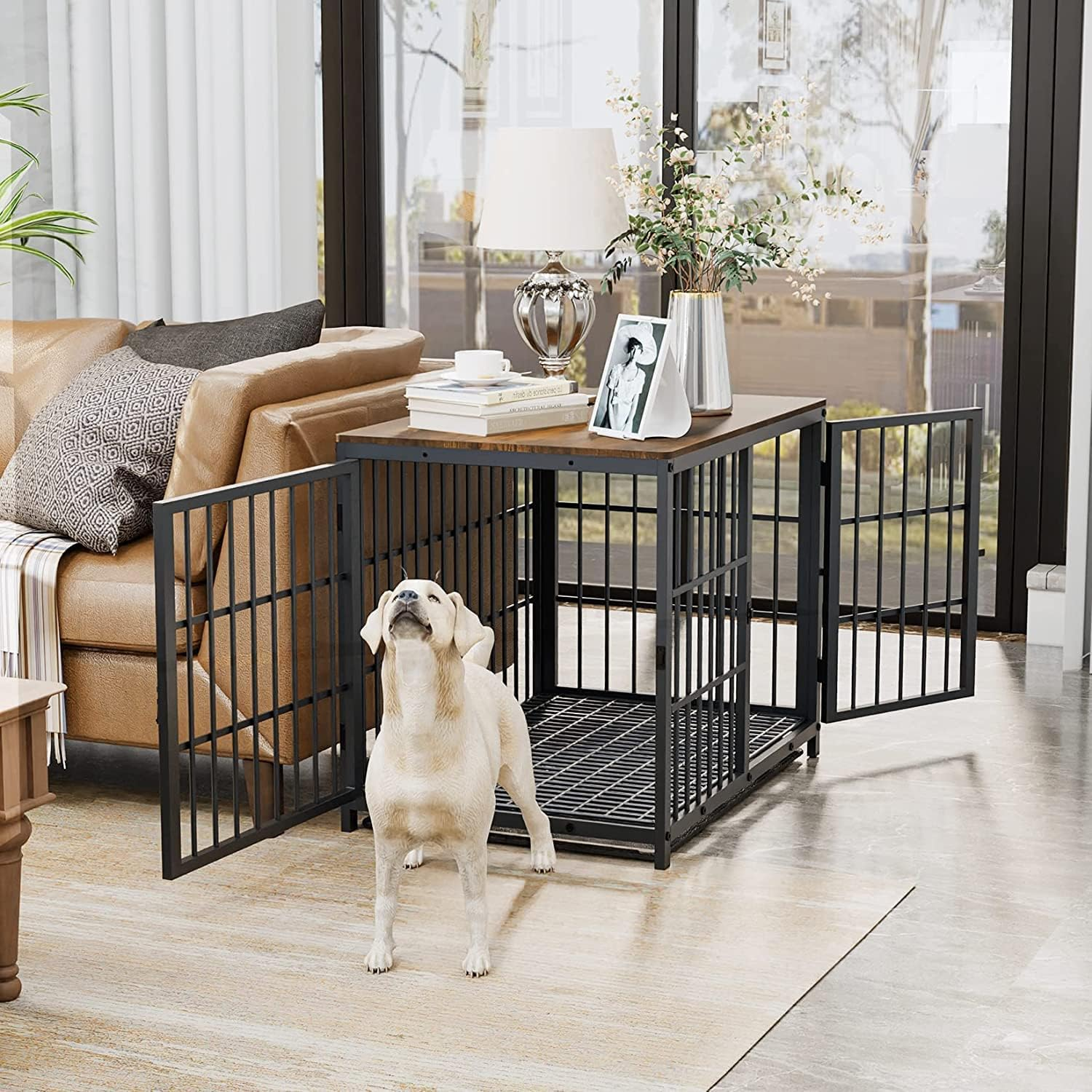Heavy Duty Dog Crate Furniture: 84Inch Wooden Dog Crates End Table Kennel with 3 Doors and Removable Tray - Extra Large Puppy Indoor Training Playpen House Decorative Side Table Cage Rustic Brown