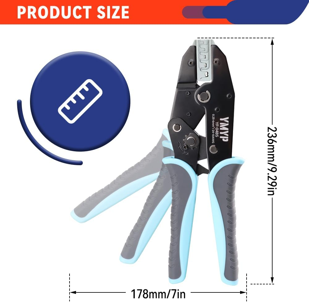 Crimping Tool for Open Barrel Terminals JST Molex TE Connectors - 24-10 AWG (0.25-6Mm&sup2;) with Wire Cutting Jaw - Ratcheting Wire Crimper image number 2