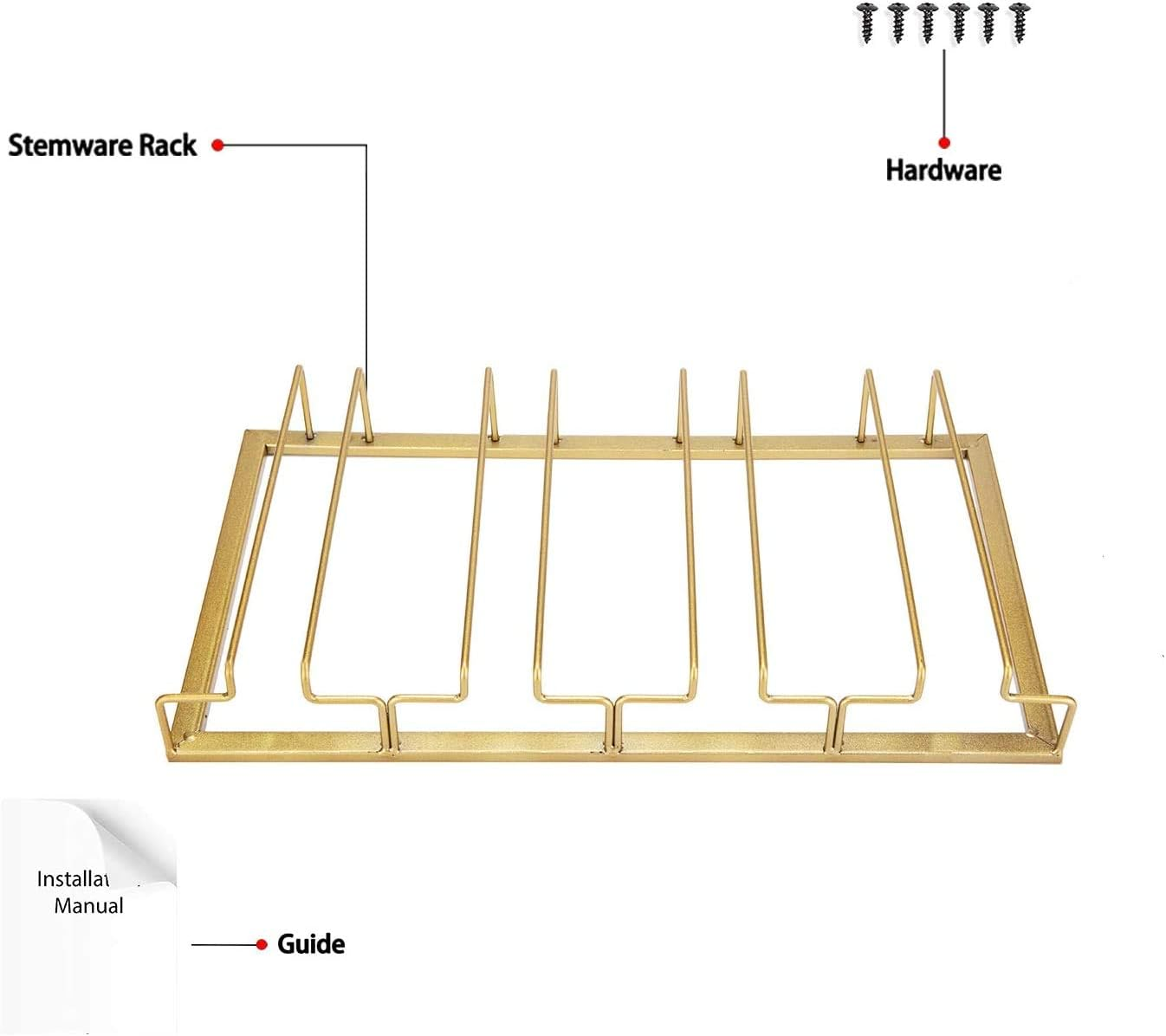 Wine Glass Rack - under Cabinet Stemware Wine Glass Holder Glasses Storage Hanger 2 Pack Metal Organizer for Bar Kitchen 4 Rows Gold image number 4
