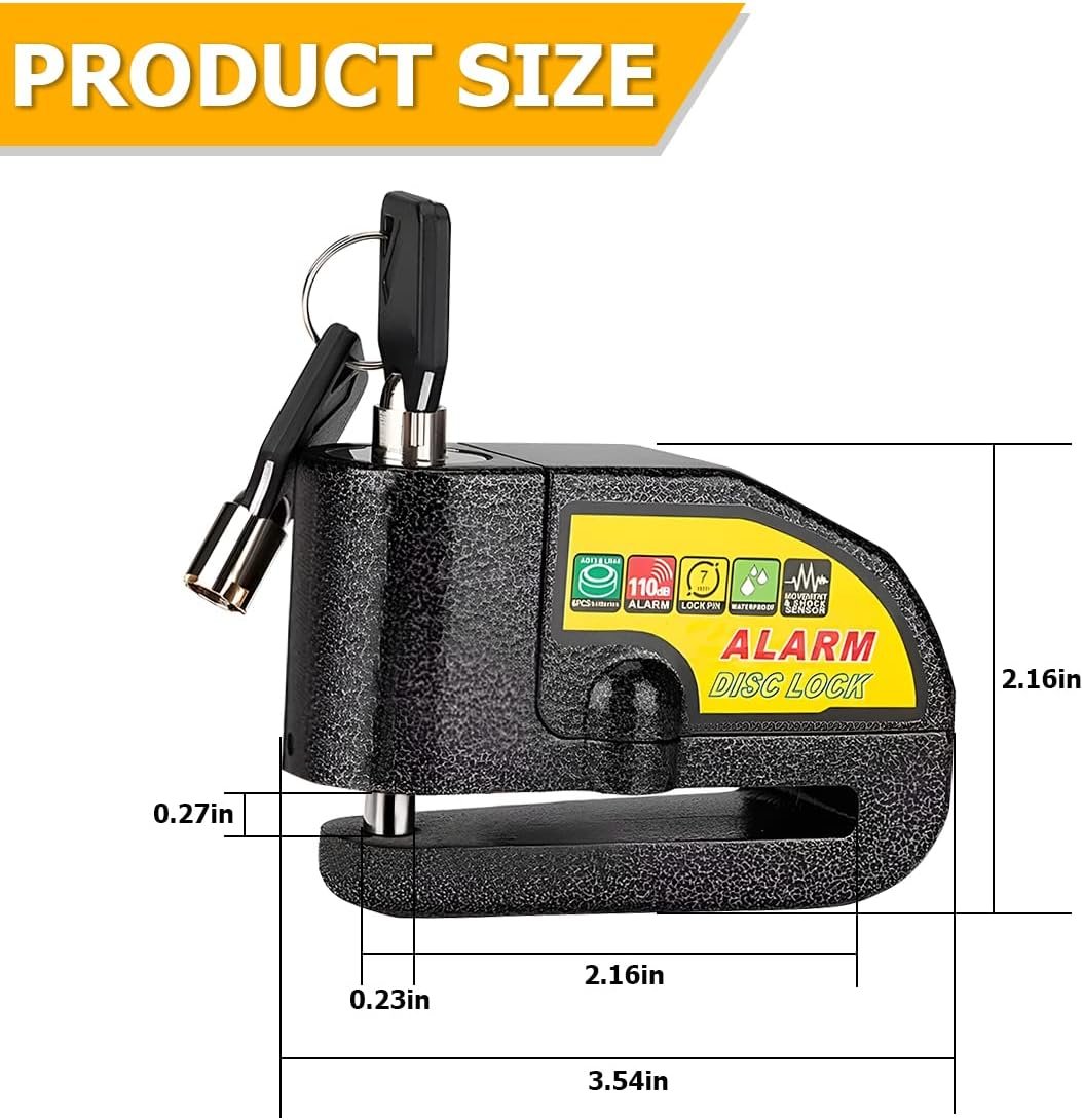 Motorcycle Alarm Disc Brake Lock, Anti-Theft Security 110Db Alarm Sound, Waterproof Wheel Padlock with Keys and Reminder Cable, Auto Accessories for Motorbike, Scooter, Bike, Moped (Black) image number 4