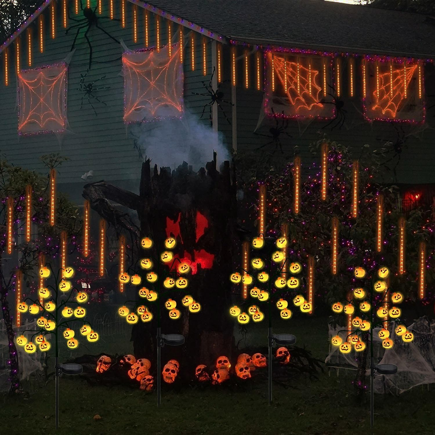 Outdoor Halloween Pathway Lights Decor，2 Pack 40 LED Halloween Pumpkin Stake Lights，Waterproof Orange Jack-O-Lantern Solar Decorative Pathway Lights for All Saints' Day Gravestone Garden Lawn Yard image number 6