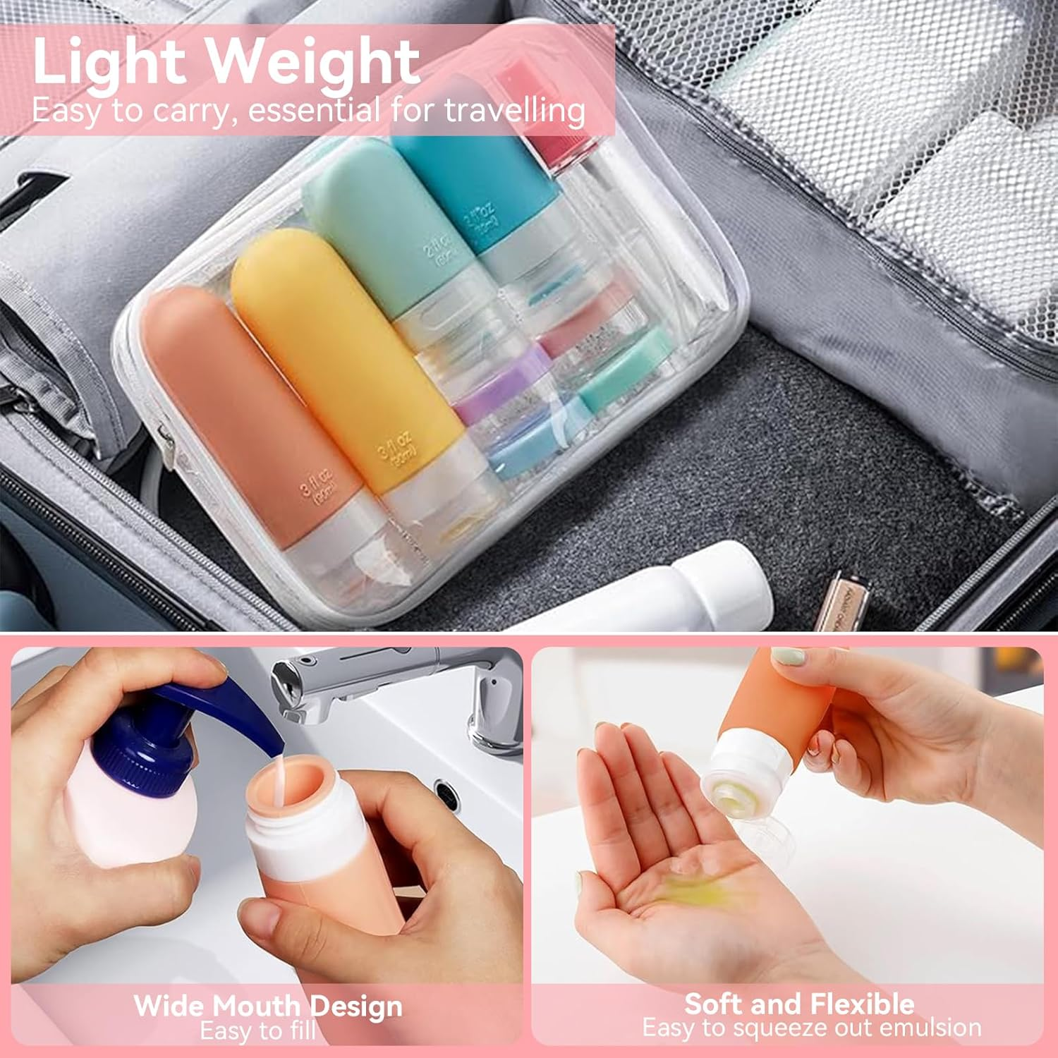 16 Pcs Travel Bottles Set, Leak-Proof Silicone Squeezable Refillable Bottles, TSA Approved, Travel Size, Portable Travel Bottles Containers for Toiletries Conditioner Shampoo Lotion Body Wash (BK) - Bk image number 2