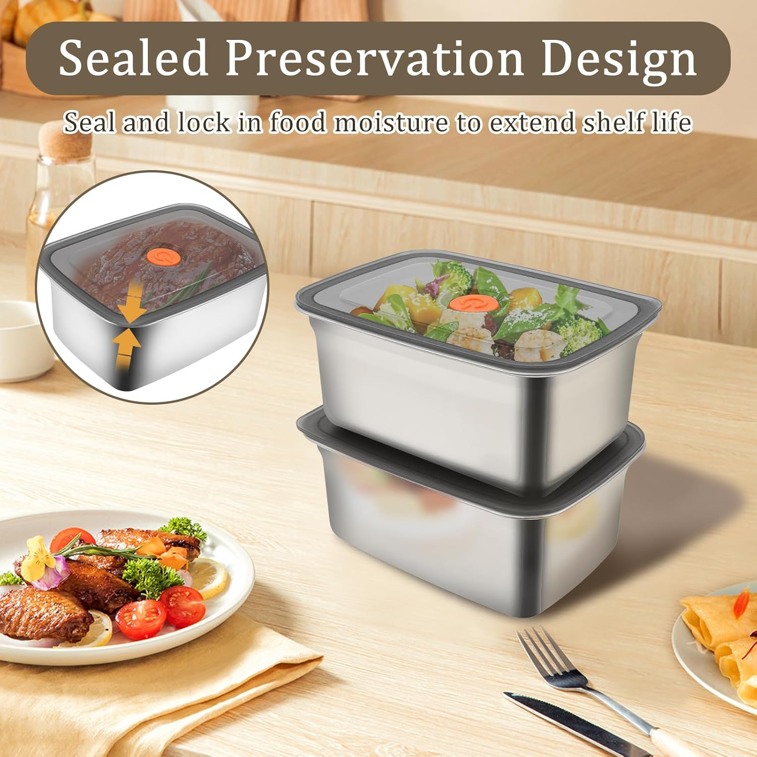 5 PCS Stainless Steel Food with Lid, 1500Ml/2500Ml Crisper Box for Fridge Fruit Container Airtight Kitchen Box for Vegetable Meat Cookie (1500ML) - 1500Ml image number 4