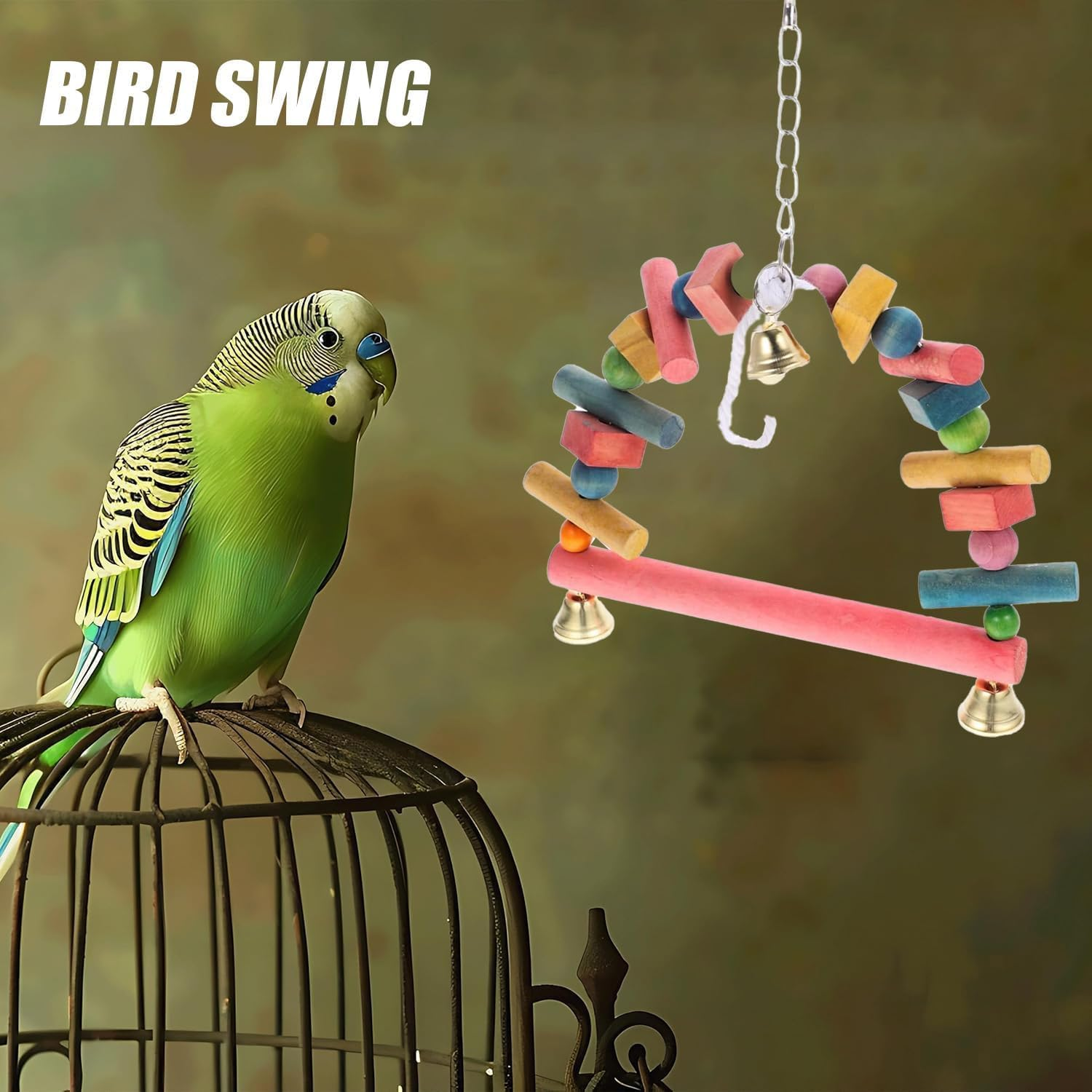 Wooden Hanging Bird Swing Perch with Bell, 1Pc Wooden Bird Swing Perch Parrot Hanging Toy with Bell, Bird Cage Swing Parrot Swing Hanger Toy Bird Cage Perched for Small Sized Birds image number 6