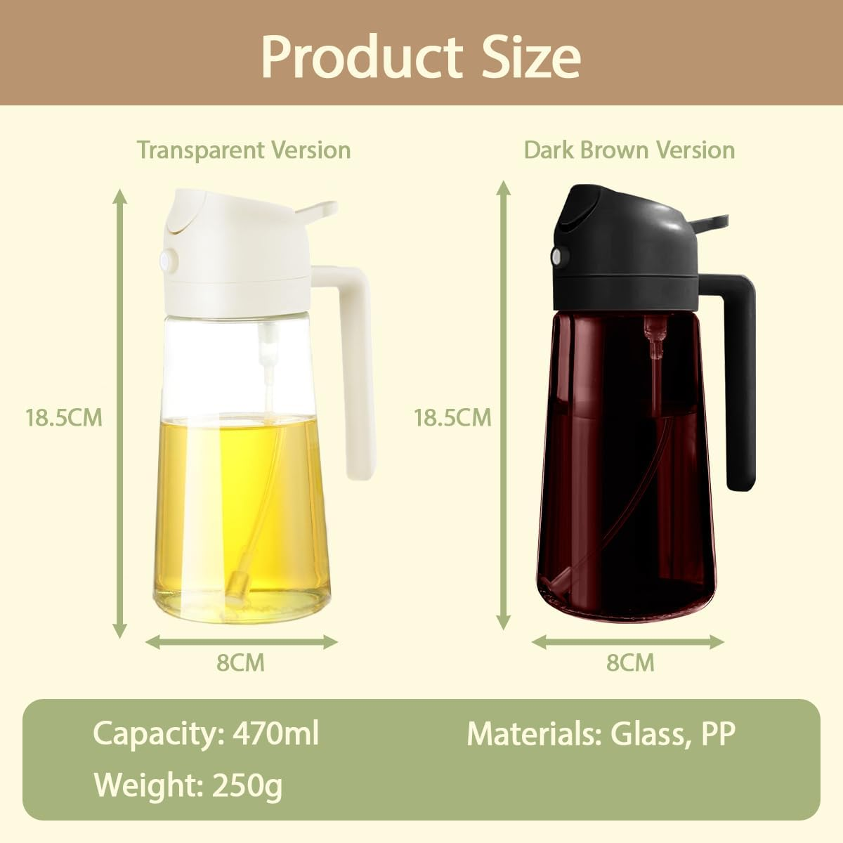 Blissify 2 Pack Oil Spray Bottle Dark Glass, 2 in 1 Olive Oil Dispenser and Oil Sprayer for Cooking, Light-Blocking Amber Oil Mister with Brush Labels for Kitchen, Salad, Frying, BBQ (White & Brown) image number 1