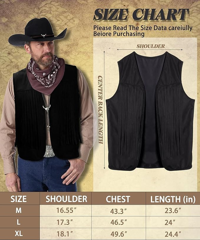 Slowton Western Outfits for Men - Cowboy Outfit Cowboy Hat Tassel Vest for Halloween Cosplay Western Costume Accessories image number 6