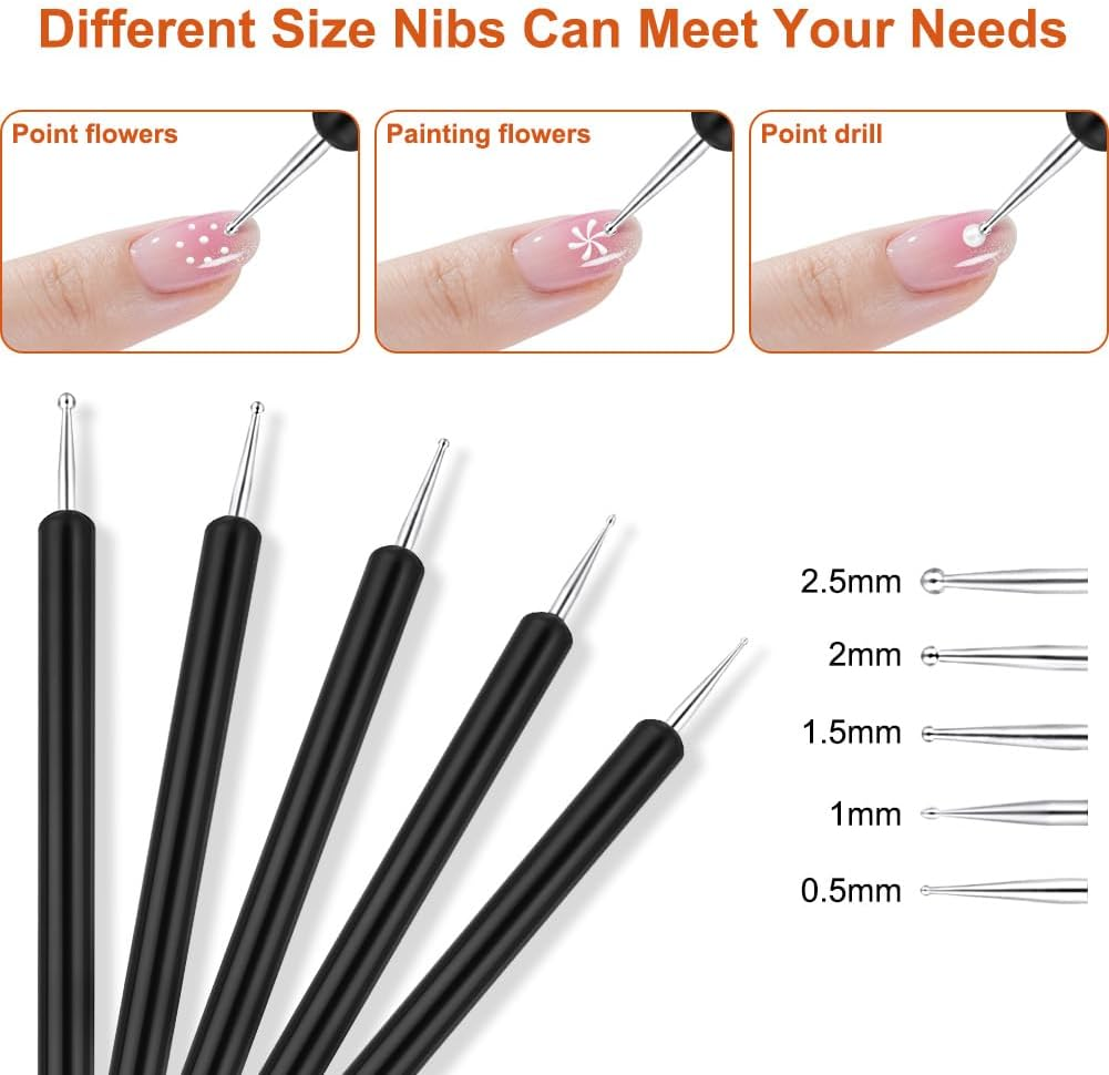BUTBU 5PCS Nail Art Sculpture Pen, Dual Tipped Silicone Nail Tools, Doubel Ended Dotting Pen Tool, Rhinestone Nails Polish Carving Pen, Silicone Nail Tool for DIY Decoration, Salon (Black)