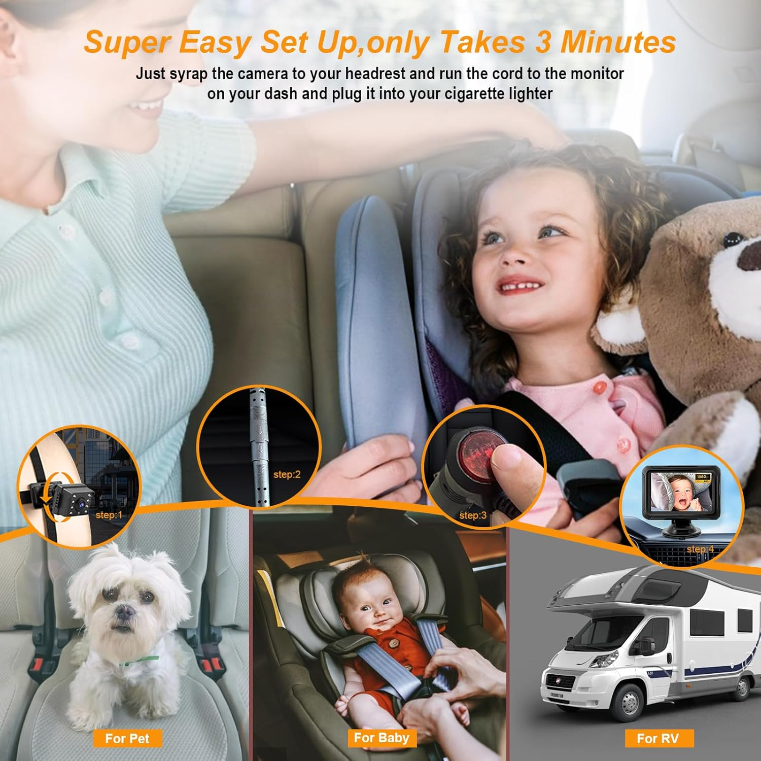 Baby Car Camera, 4.3 Inch HD 1080P Display, 150 Degree Wide Angle, 360 Degree Adjustable, Easy Headrest Mount, Real-Time Rear Seat View, Safe Driving Monitor for Infants image number 4