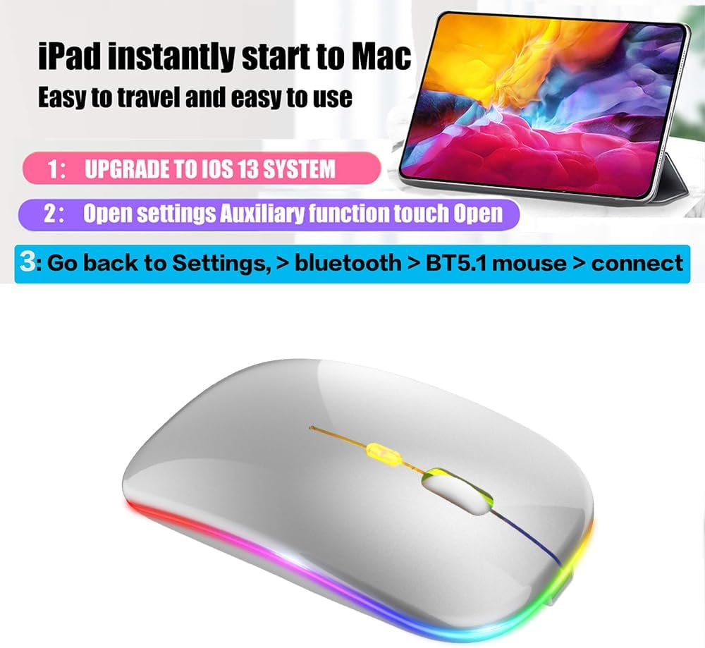 LED Wireless Mouse, Rechargeable Slim Silent Mouse 2.4G Portable Wireless Bluetooth Mouse Dual Mode with USB Receiver and Type C Adapter, 3 Adjustable DPI for Notebook, PC, Laptop (Silver) image number 6
