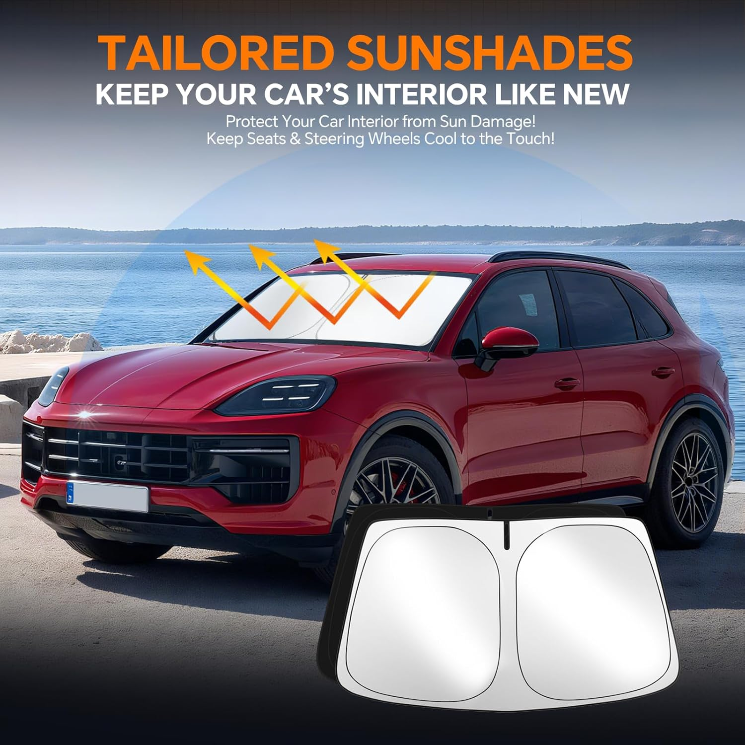 Tatmakloong Windshield Sunshade for Porsche Cayenne 2019-2024 Custom Fit Front Window Sun Shade Blocks 99% UV Rays Foldable Shield Protect Car Interior Accessories