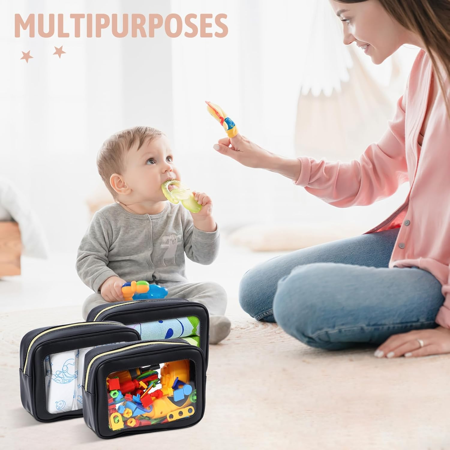 YOPCDJ 3PCS Diaper Bag Organizer Pouch Set, TSA Approved Toiletry Bag，Clear Waterproof TPU Makeup Bag Set Travel Organizer Bags for Women and Kids image number 2