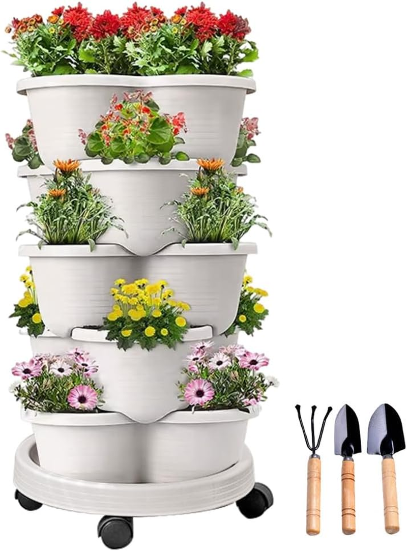 5 Tier Vertical Garden Strawberry Stackable Planters Herbs Petunias Pancy, Vegetable Planter Indoor Outdoor Gardening Pots with Removable Wheels and Tools (White)