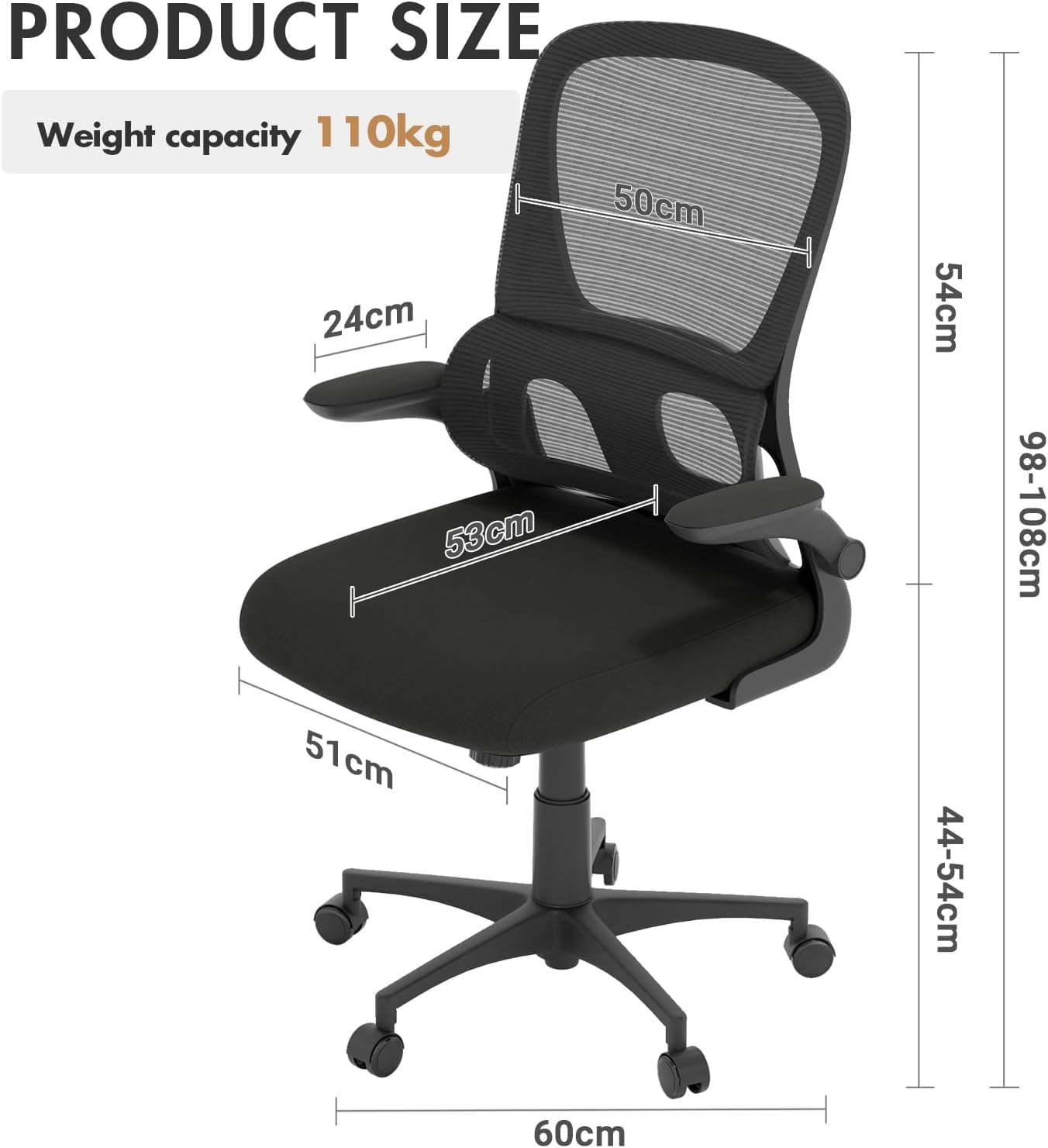 Advwin Ergonomic Office Chair - Mesh Office Chair with Flip-Up Armrests, High Back Desk Chair Swivel Computer Chair, Height Adjustable & Rocking Study Chair Task Chair for Home Office Black - Black 2 image number 5