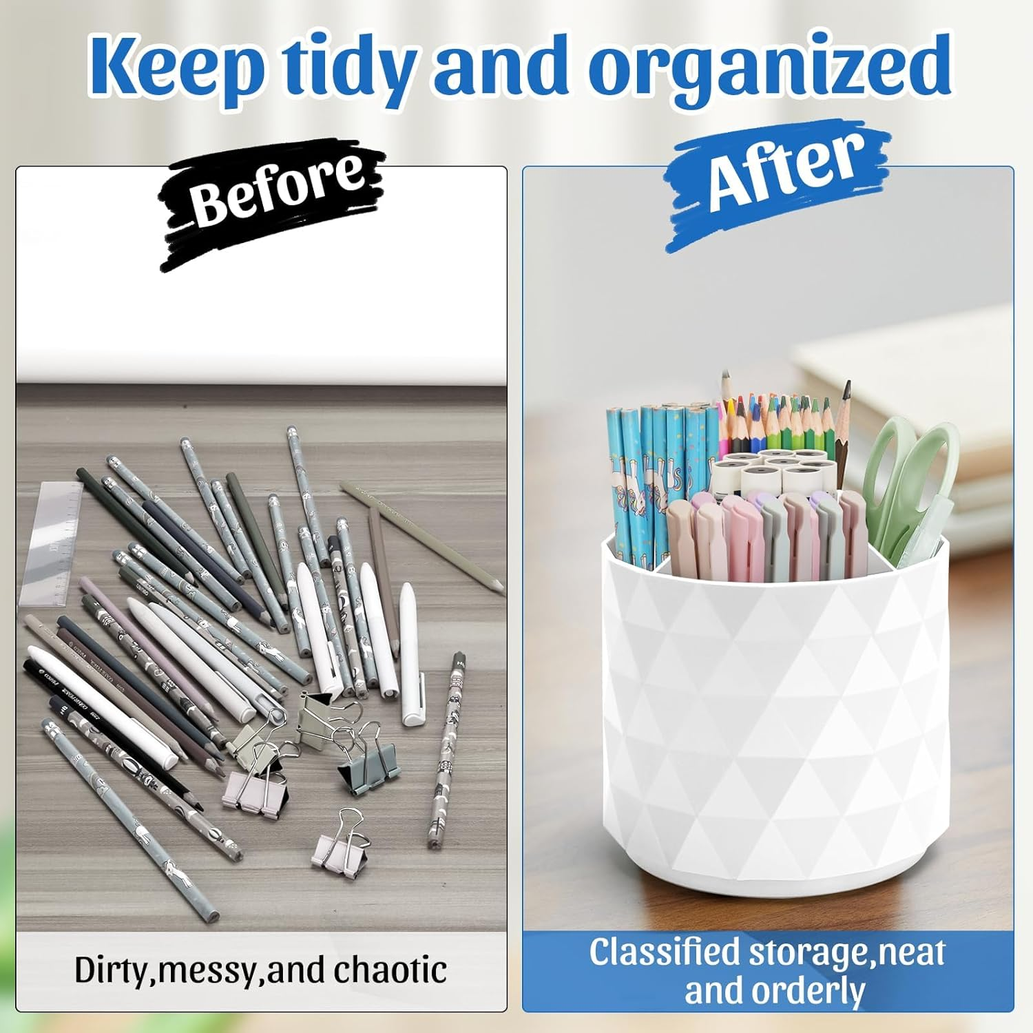 DUOMIAO Desk Organizer,Sparkling Diamond-Like Pen Holder for Desk 360&deg;Rotating Office Desk Accessories,Pencil Cup with 5 Compartments Storage Box Caddy for Office,School,Home,Art Supply. (White) image number 4