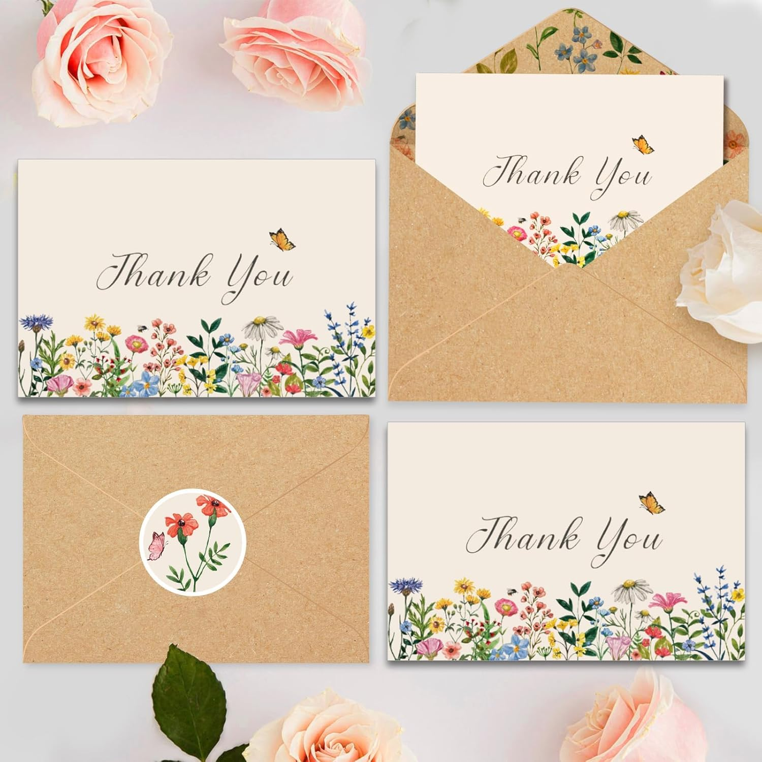 Wildflower Thank Cards with Envelopes,24 Pack Bulk,4X6 Inch,Kraft Envelopes,Wax Seal Stickers,Flower Greeting Cards with Envelopes Set,Butterfly Thank You Cards,For Baby Shower,Wedding,Bridal Shower,Graduation,Birthday,Funeral,Small Business,Gift image number 5