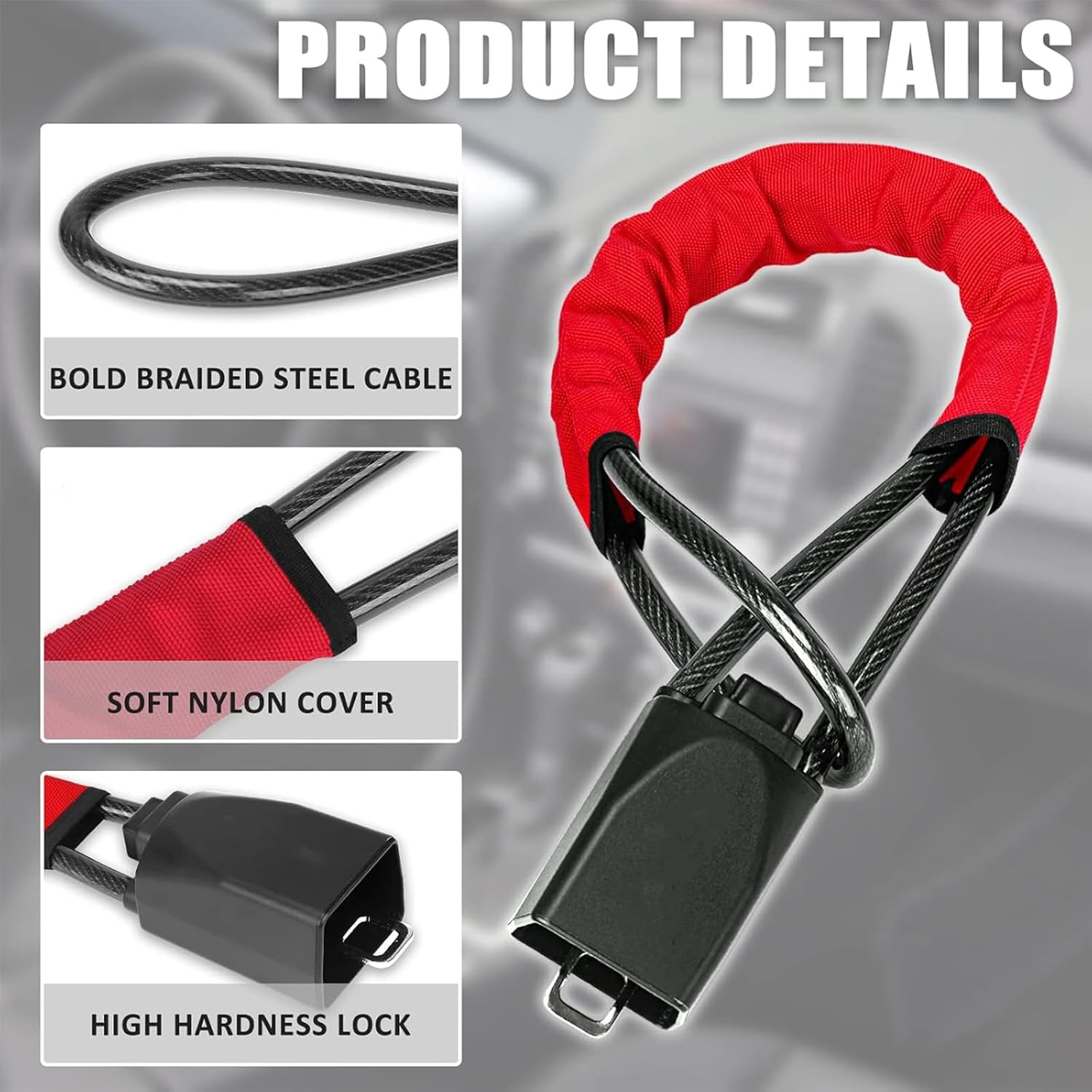 Car Steering Wheel Lock, Universal Anti-Theft Device with 3 Keys, Seat Belt Lock, Heavy-Duty Car Security, Fits Most Vehicles, Suvs, and Golf Carts (Red) image number 1