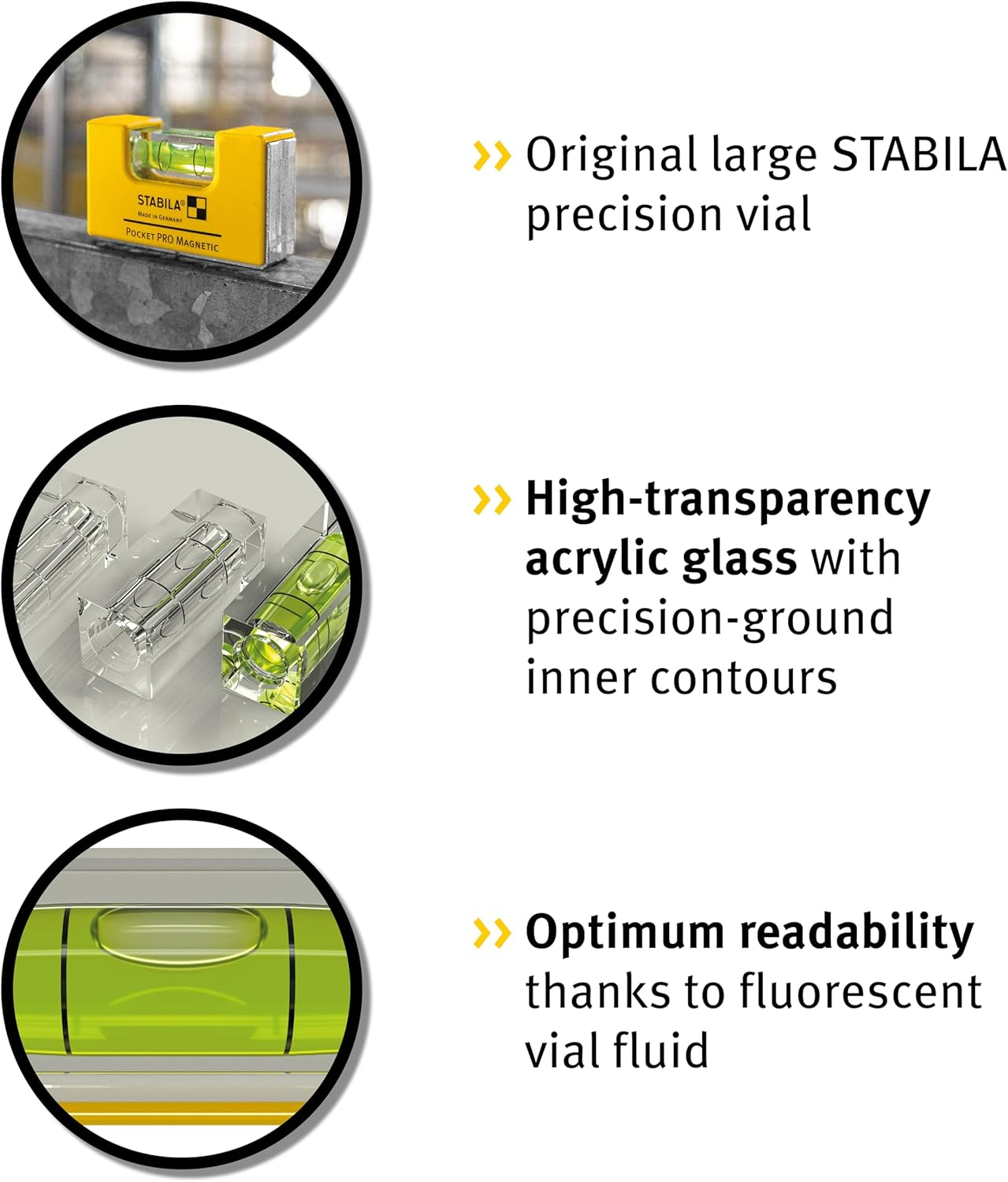STABILA Pocket PRO Magnetic Mini Spirit Level with Belt Clip, 7 Cm, Strong Rare Earth Magnet, 1 Horizontal Level, Made in Germany, Yellow, 15 X 8 X 20 Cm