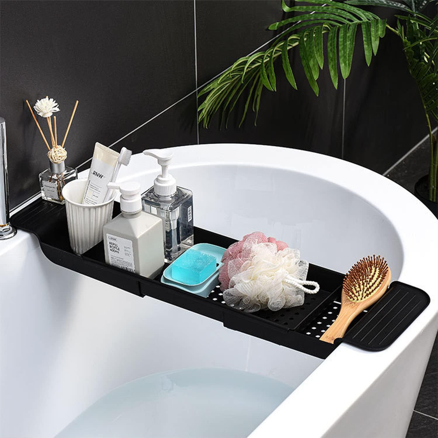 Bathtub Caddy Tray, Expandable Bath Shelf, Adjustable Plastic Bathtub Caddy, Bathroom Tray, Bathtub Accessories & Bathroom Gadgets for Candle Towel, Book, Wine, Phone, Shower image number 6