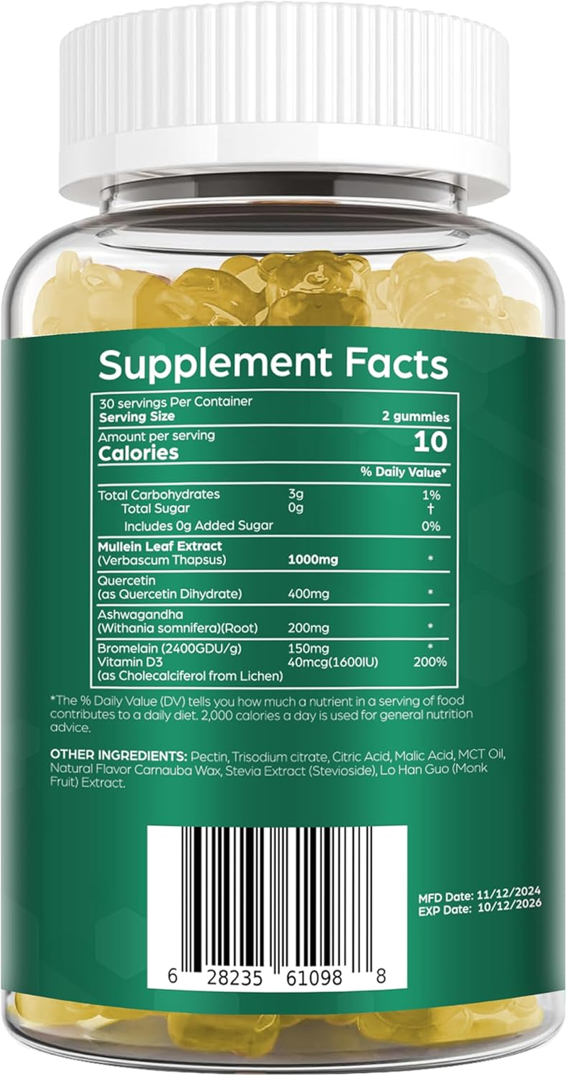 Mullein Gummies for Respiratory Wellness | 1000Mg per Serving | 100% Sugar-Free | Natural Mullein Leaf Extract | Supports Healthy Lungs & Immune Function | 60 Vegan Gummies image number 3