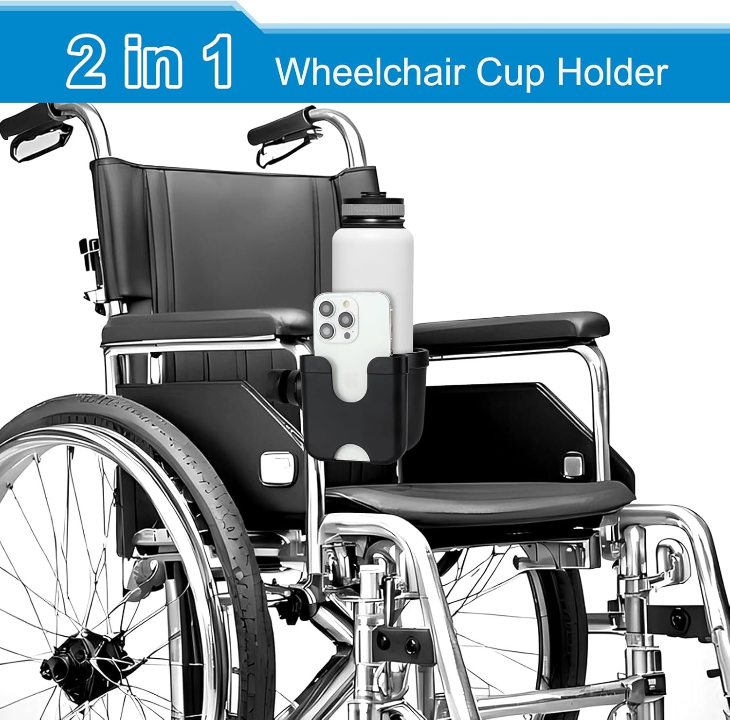 Accmor 2-In-1 Walker Cup Holder with Phone Holder, Wheelchair Cup Holder, Rollator Cup Holder, Cup Phone Holder for Walker, Wheelchair, Rollator, Mobility Scooter, Black image number 4