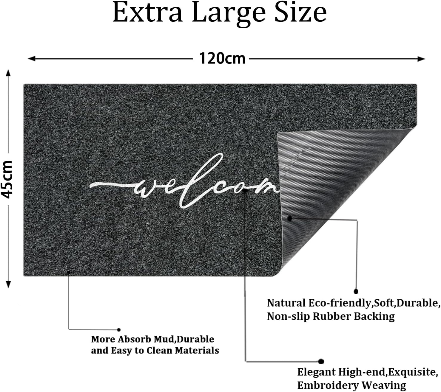 AAZZKANG Extra Large Doormat 120 X 45 Cm Outdoor Welcome Rug with Durable Non Slip Rubber Backing Ultra Absorb Mud Front Door Mat for Entryway,High Traffic Areas image number 3