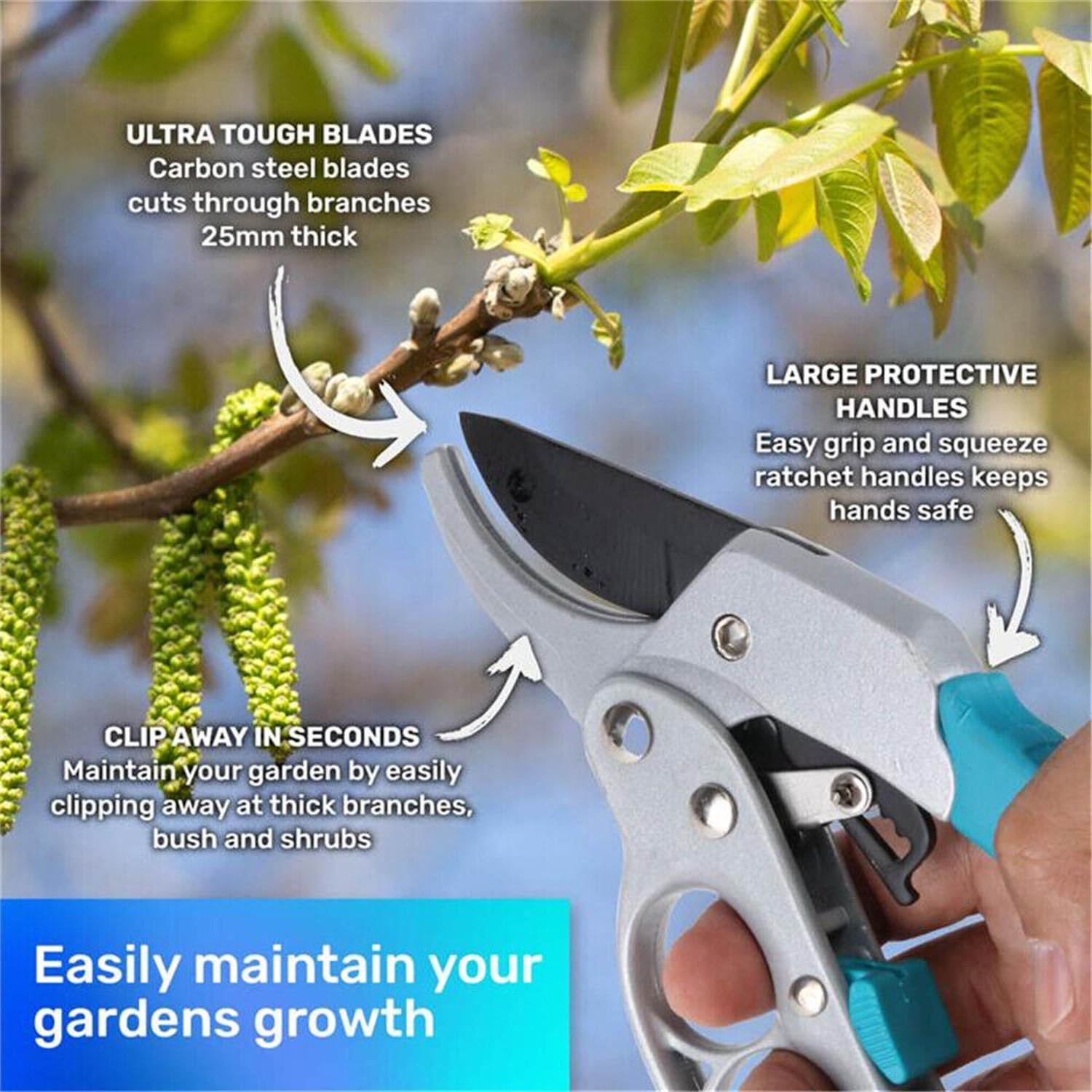 Leona Co 8" Ratchet Anvil Pruning Shears, Reinforced Design Handle, Garden Plant Shears Clippers, Anvil Pruner, Hand Tools Scissors Loppers image number 4