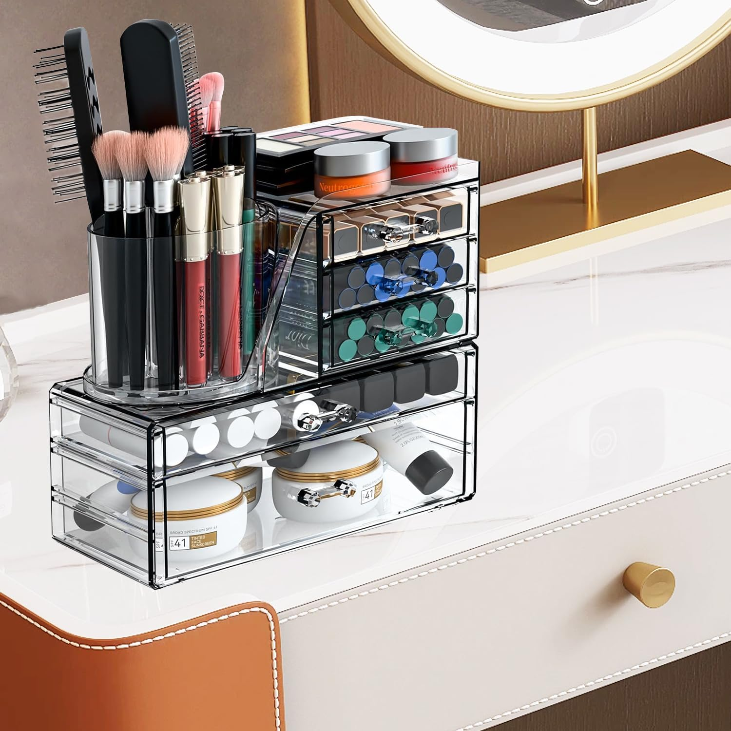 2-In-1 Acrylic Cosmetic Organiser with Rotating Brush Holder &ndash; Makeup Storage Box with Drawers for Vanity, Bathroom, or Dorm, Skincare & Beauty Supplies Holder image number 4
