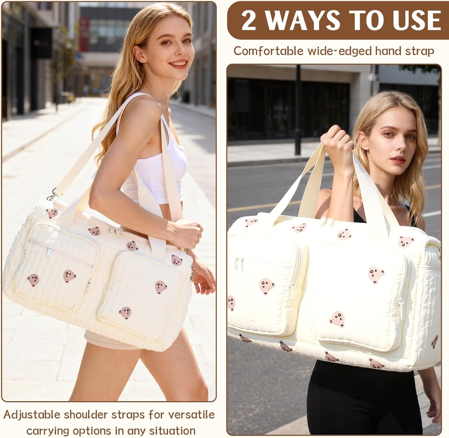 Floral Quilted Duffle Bag for Women Cotton Coquette Bag Large Floral Travel Duffle Weekend Bag with Adjustable Carry Strap - White image number 6