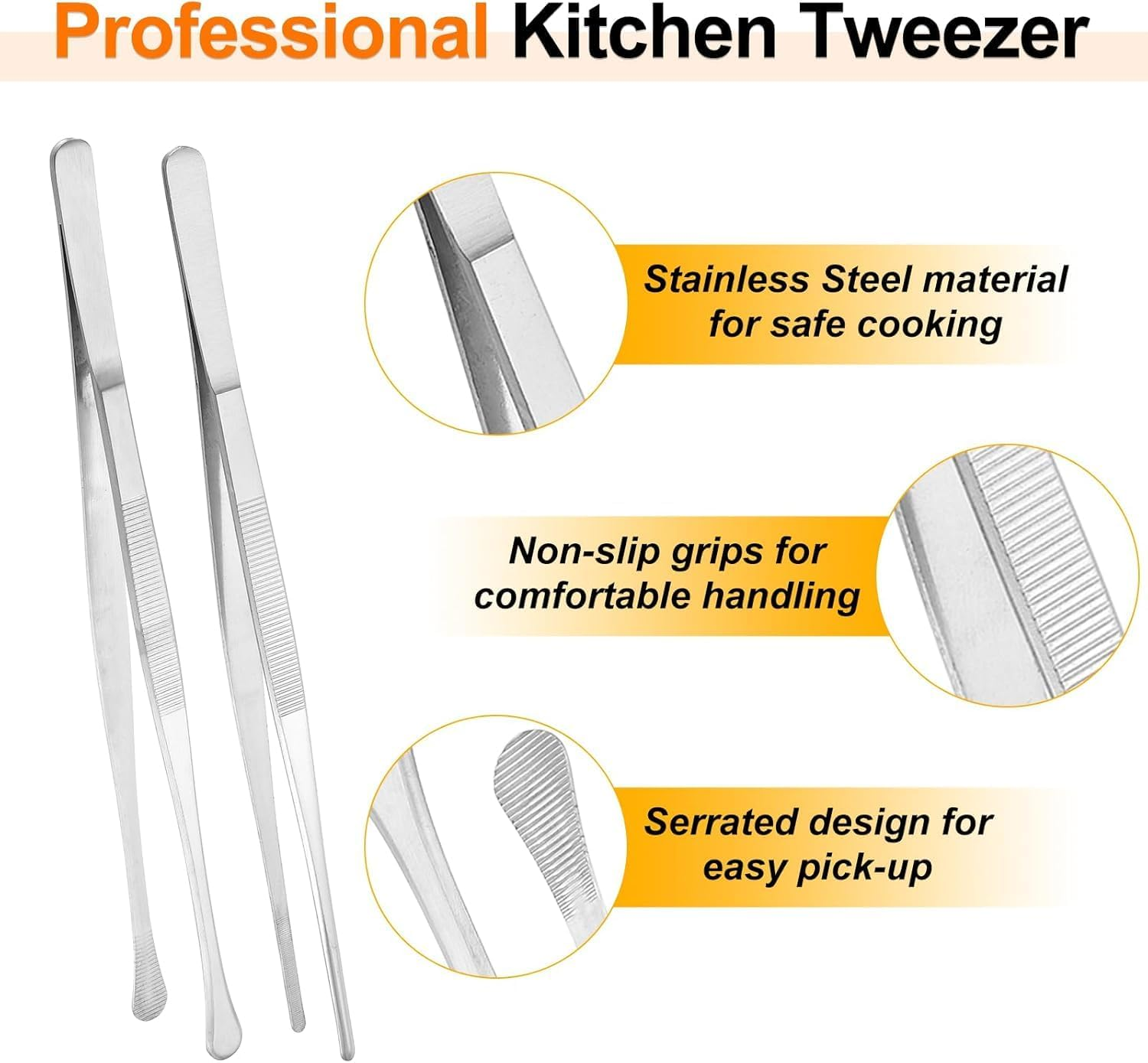 Stainless Steel Tongs 12-Inch 2-Pack, Kitchen & Cooking Tweezers with Dual-Head (Straight + round Tip) | Non-Slip Grip for BBQ, Grilling, Serving & Food Preparation image number 4